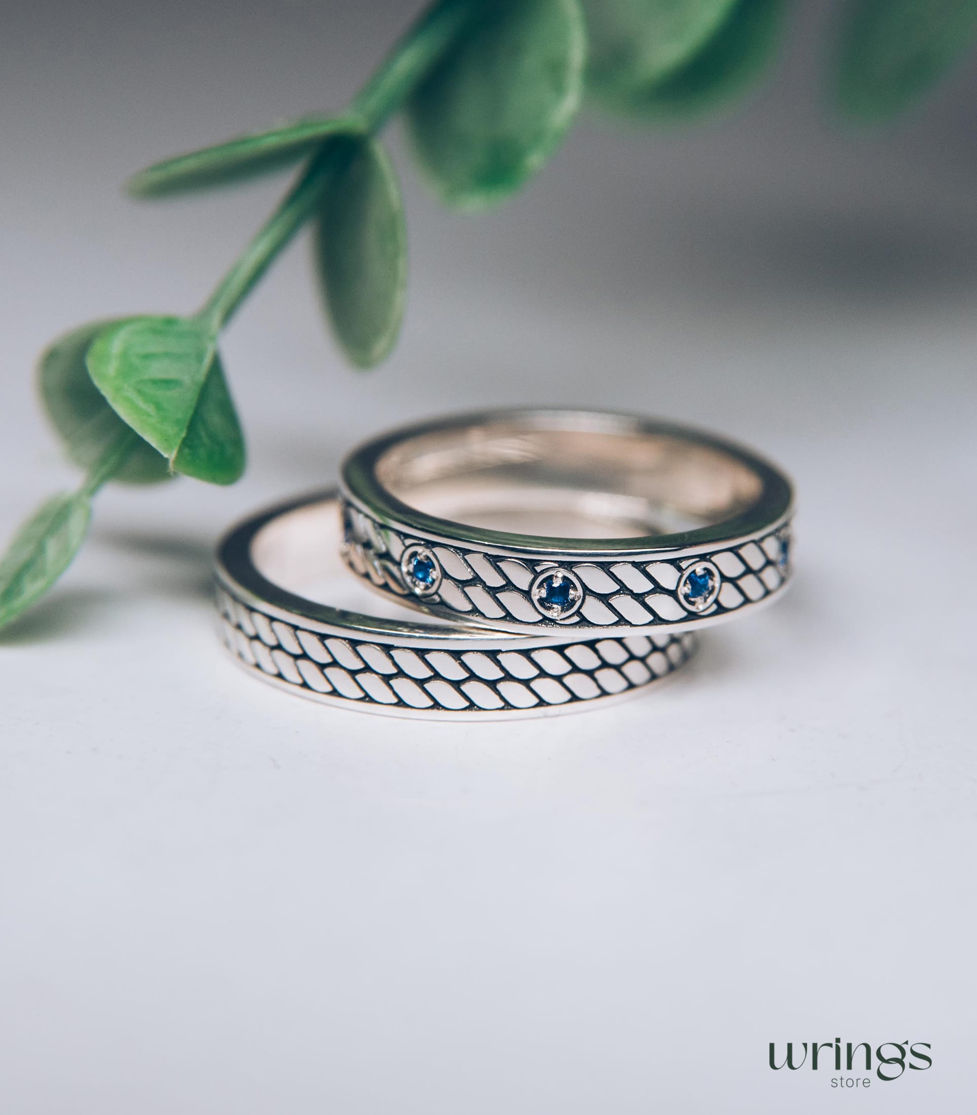 Couple Wedding Bands with Sapphire & Embossed Design