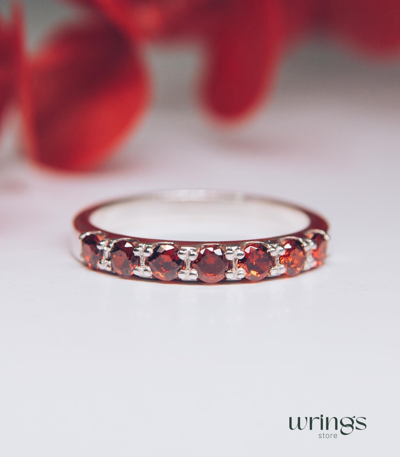 7 Natural Garnets Multi Stone Wedding Band Silver