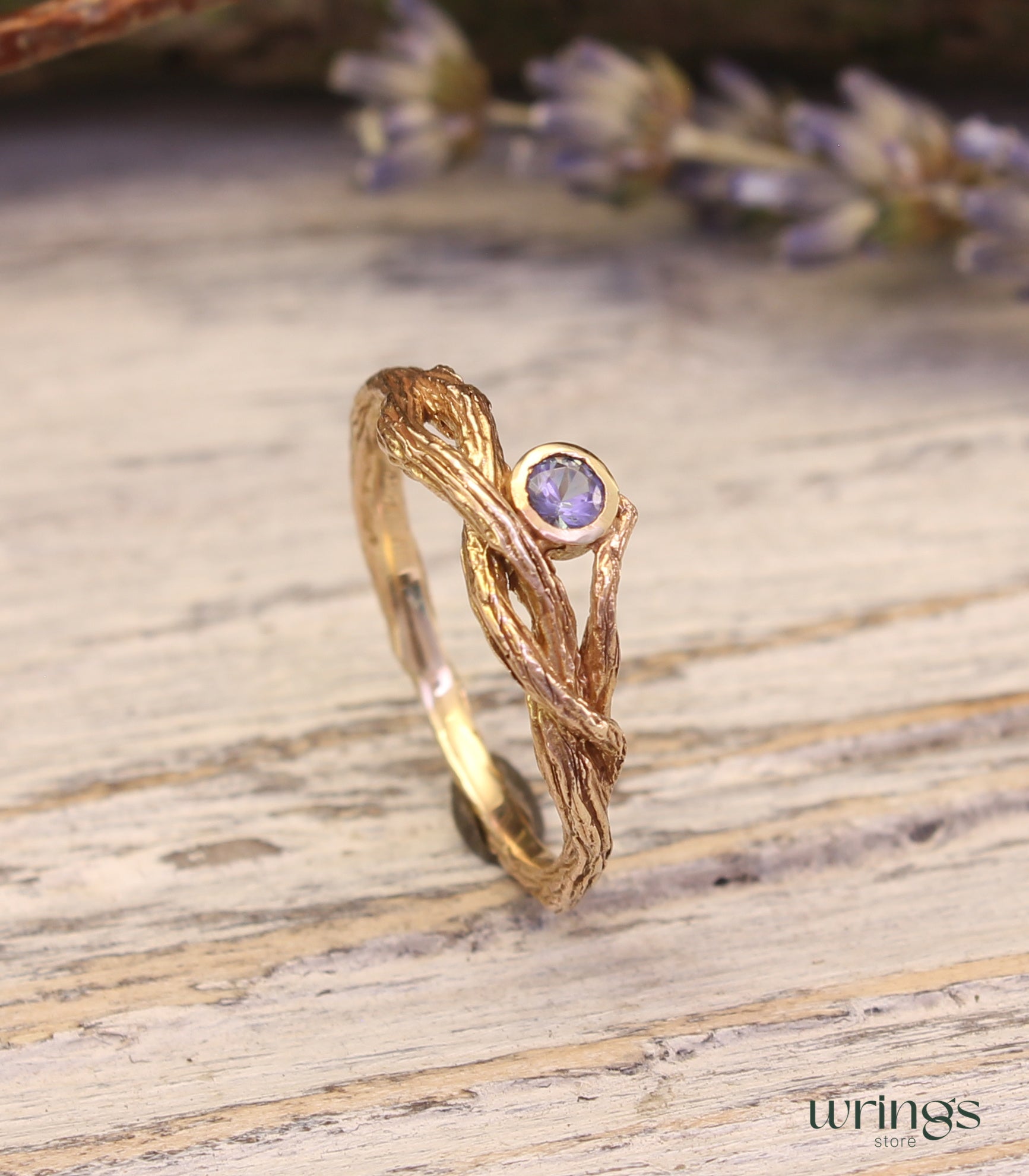 Gold Whimsical Branch Amethyst Nature Engagement Ring