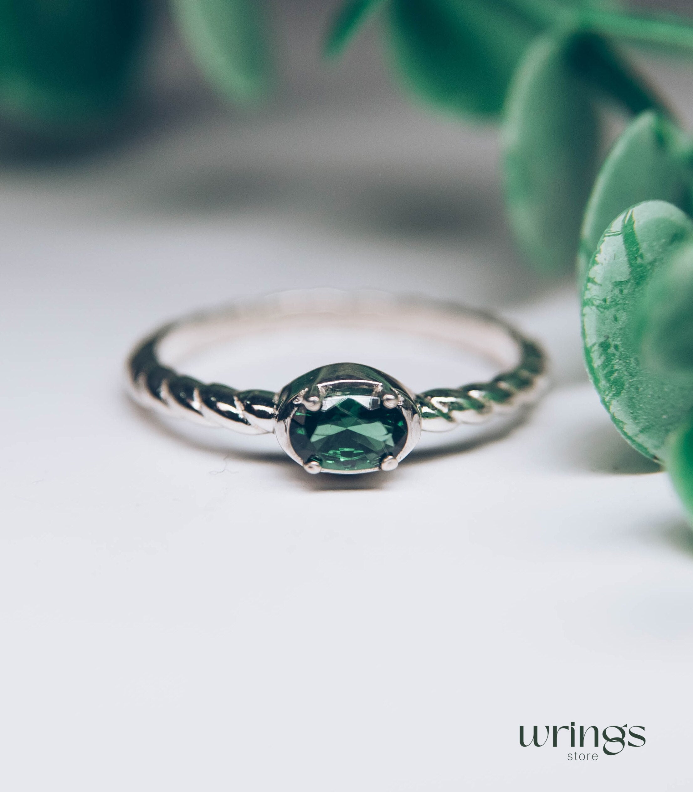 Oval Green Stone Rope Band Engagement Ring Silver