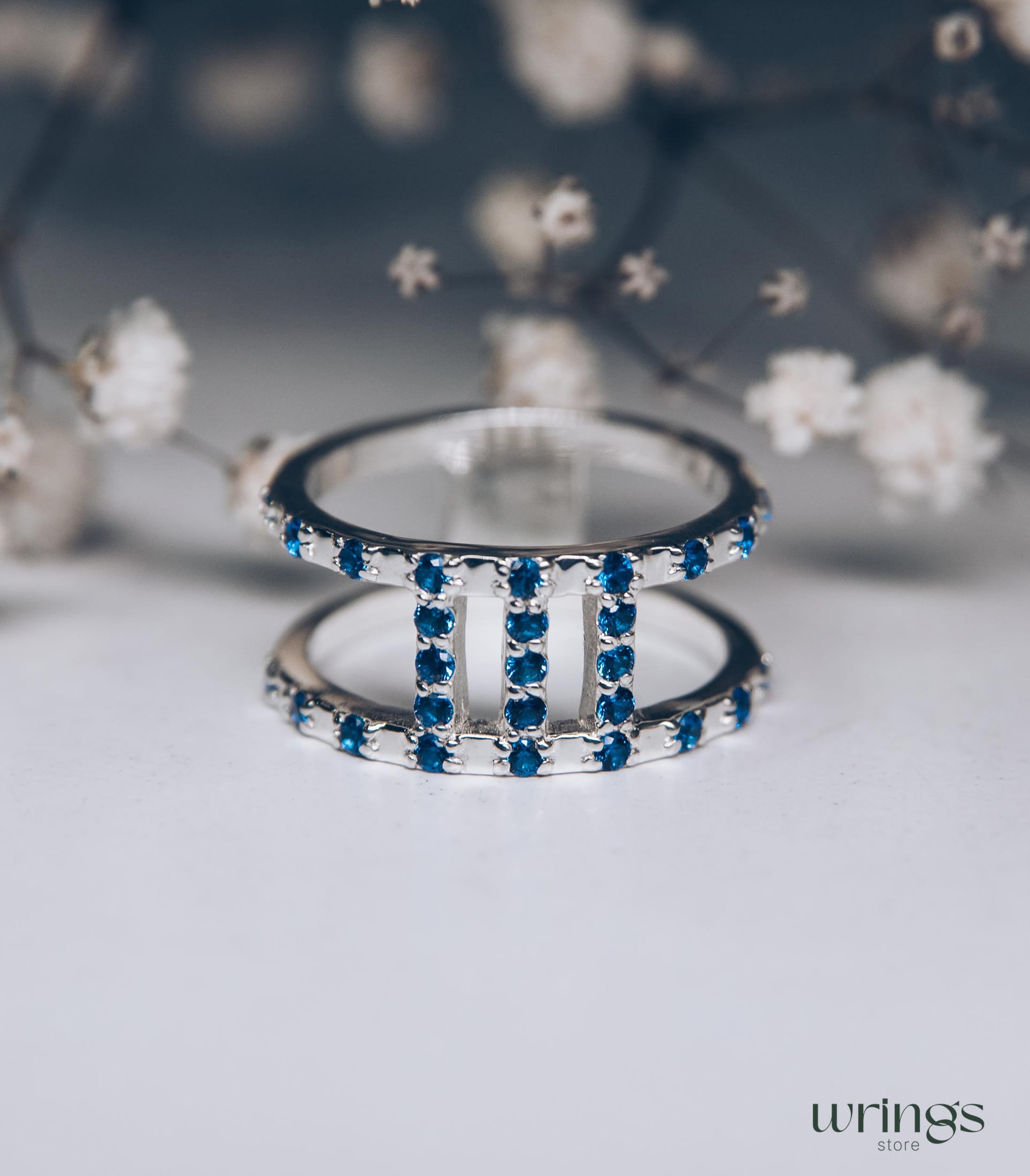 Double Band Wedding Ring Blue Sapphires Multi Stone