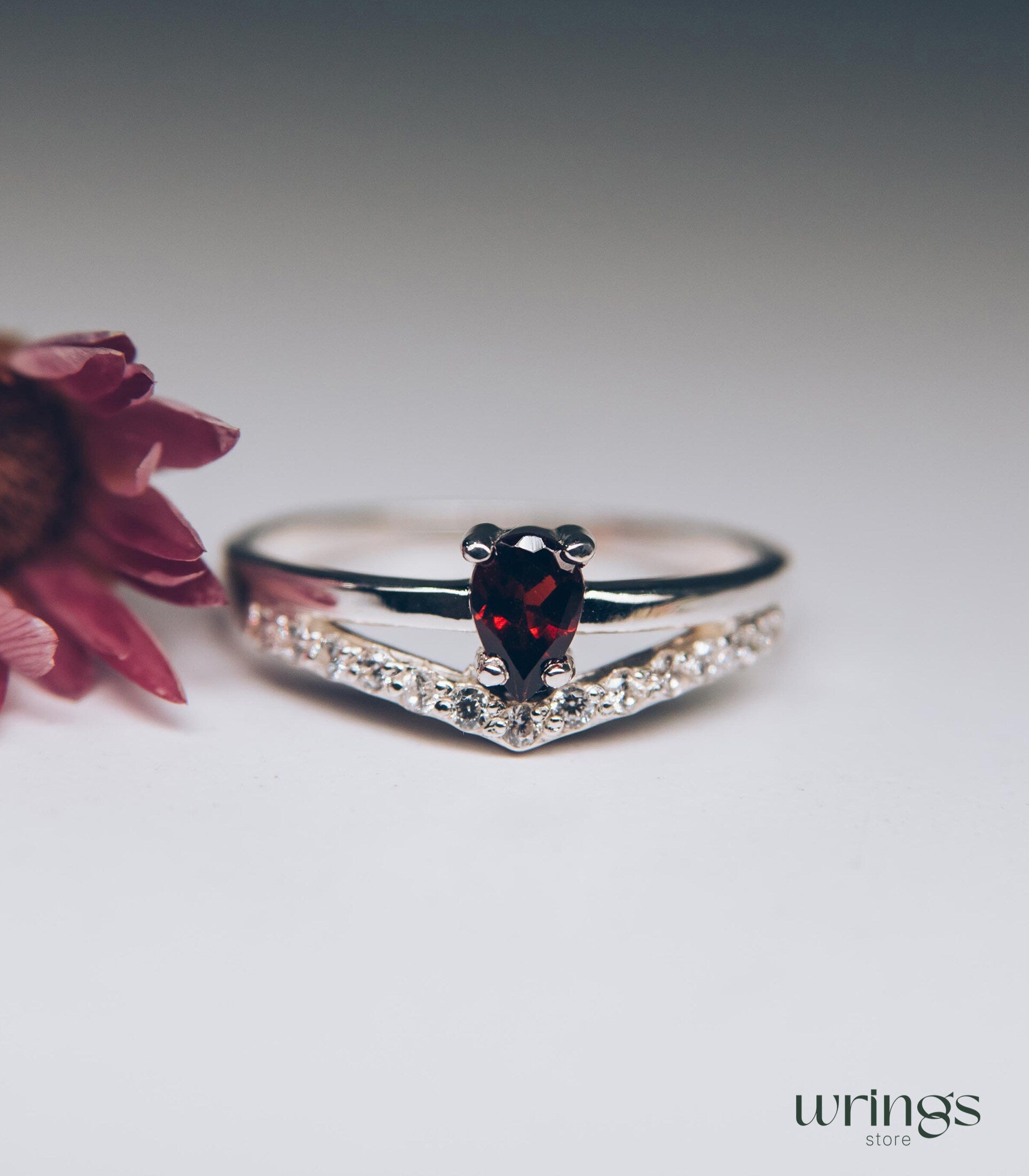 Chevron & Pear cut Garnet Engagement Ring Silver and CZ