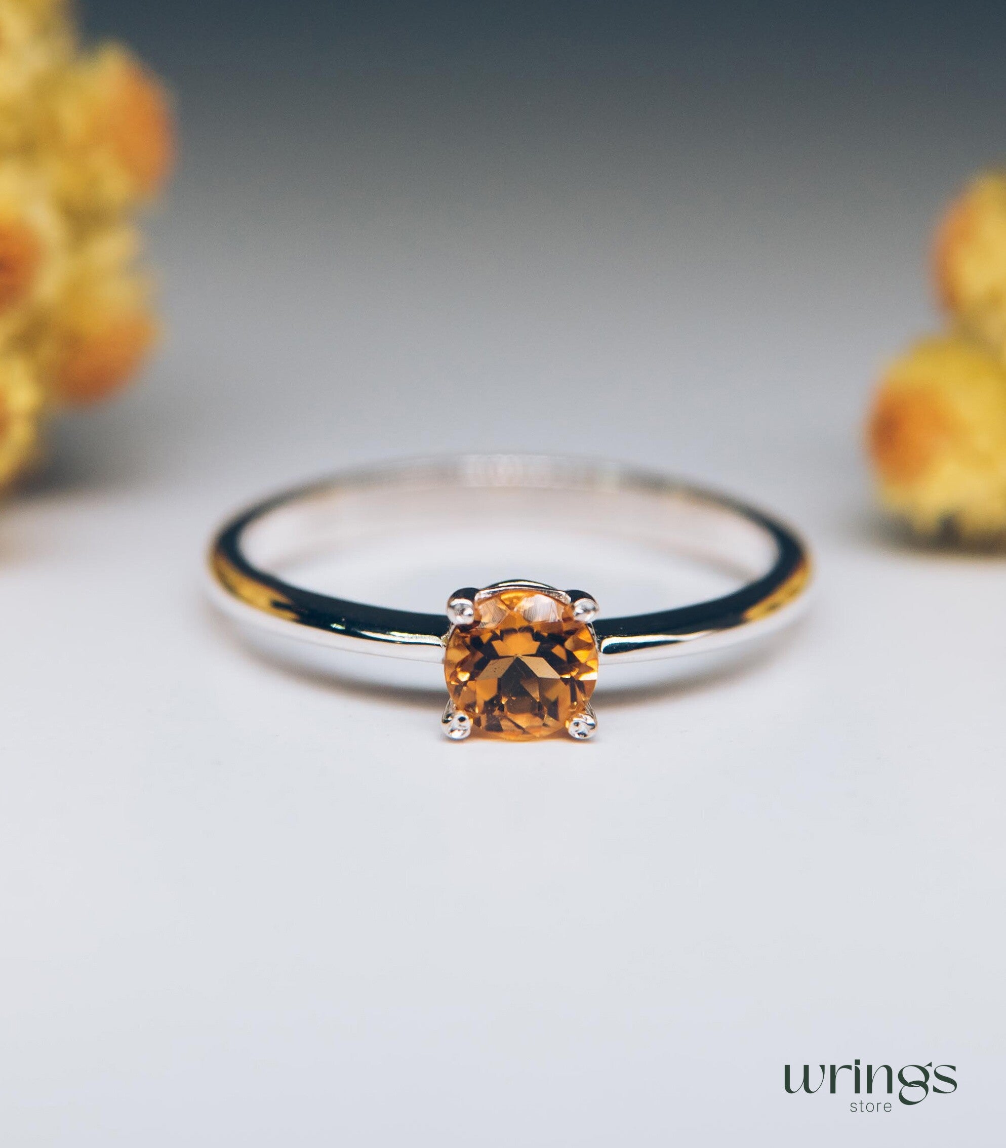 Yellow Citrine Classic Silver Solitaire Engagement Ring