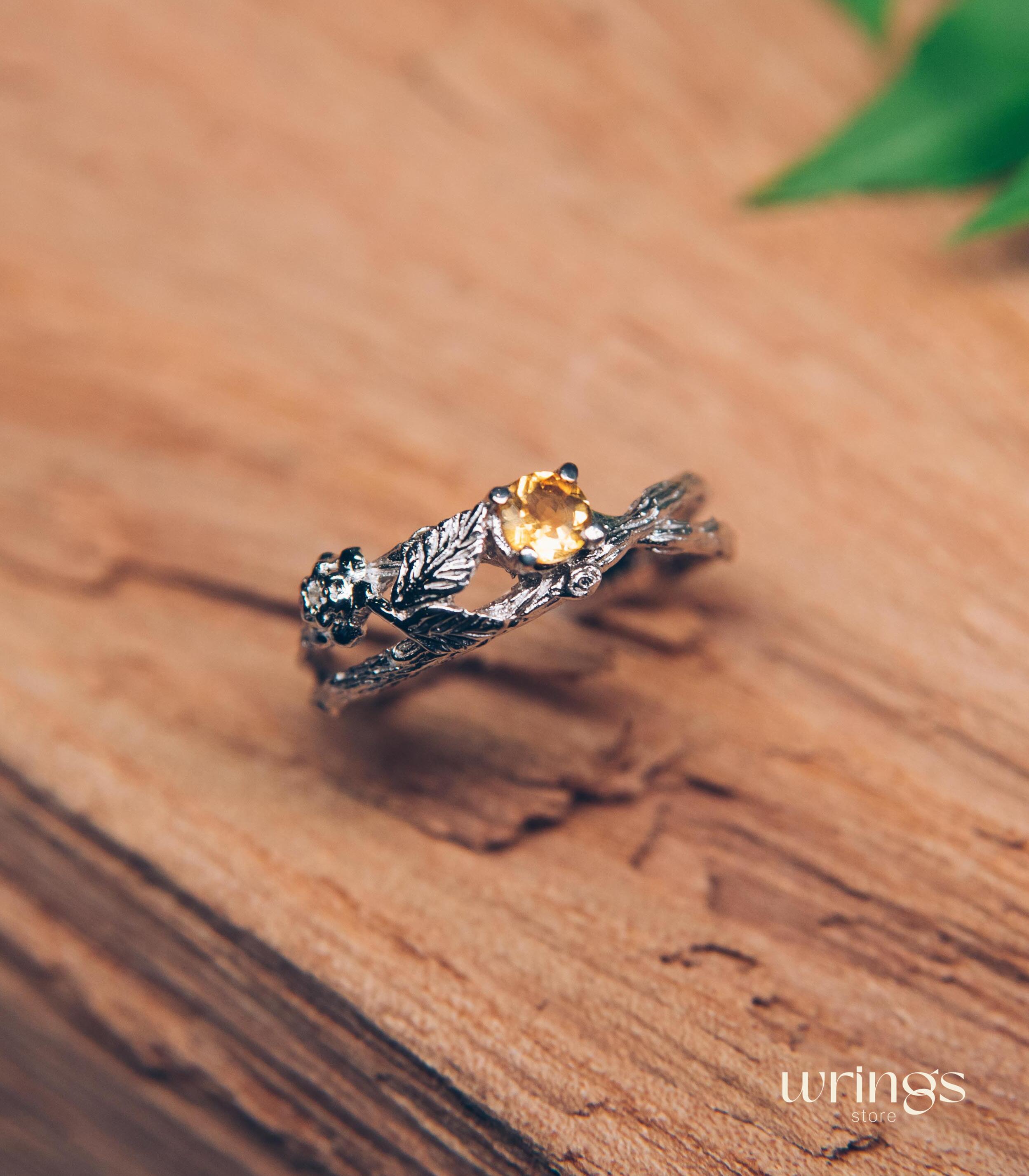 Vivid Citrine & Split Branch Silver Leaf Engagement Ring