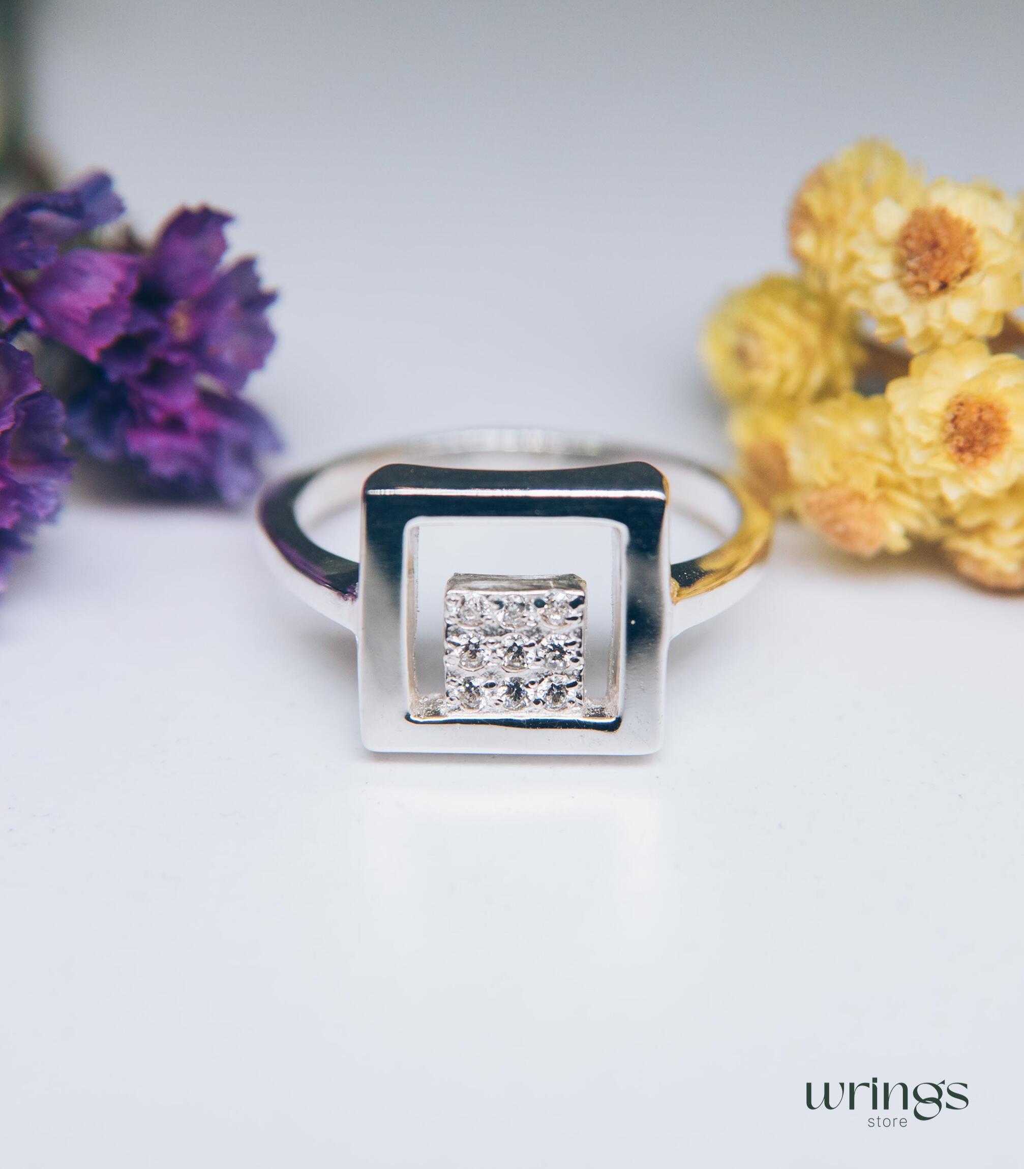 Bold Open Square Statement Ring Cubic Zirconia Stones