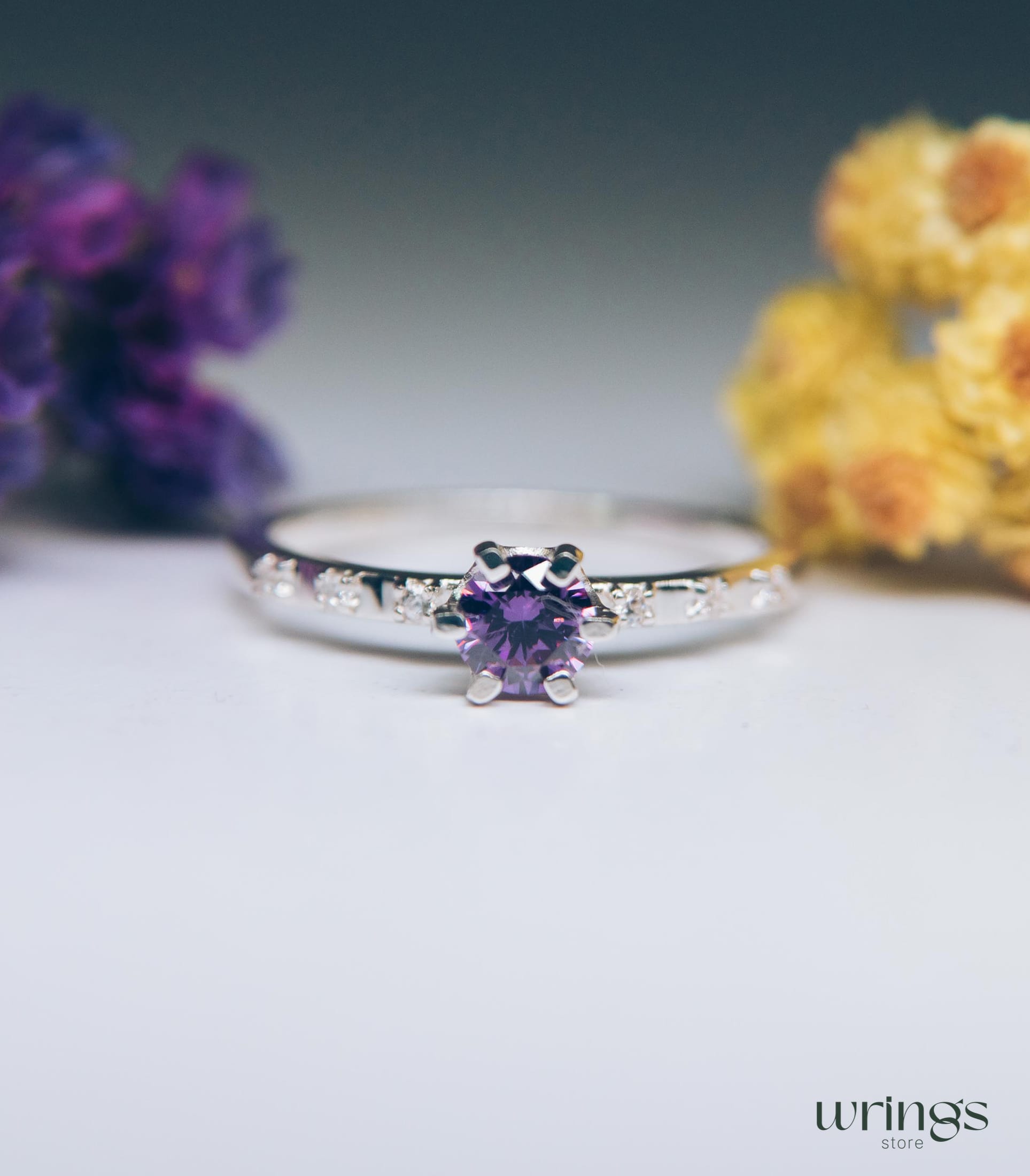 Prong Amethyst Engagement Ring Silver with Side Stones