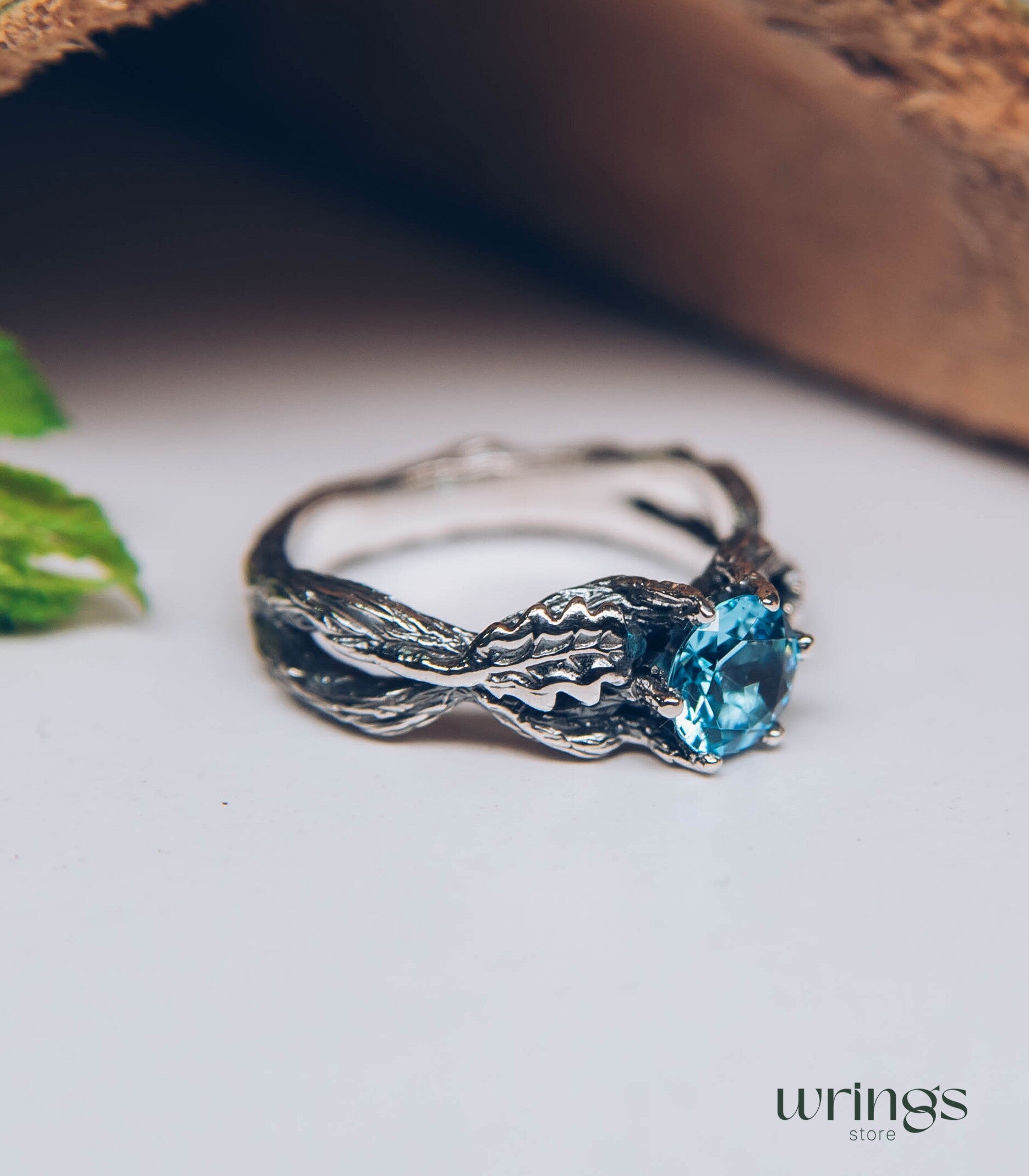 Topaz Engagement Ring — Silver Braided Branch and oak Leaves