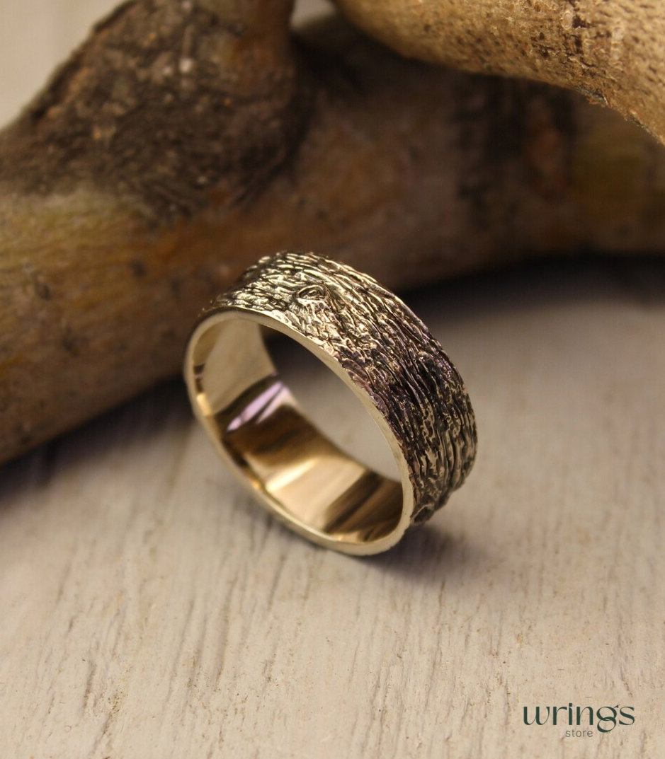 White Gold Wood Wedding Band Rustic Tree Bark Design