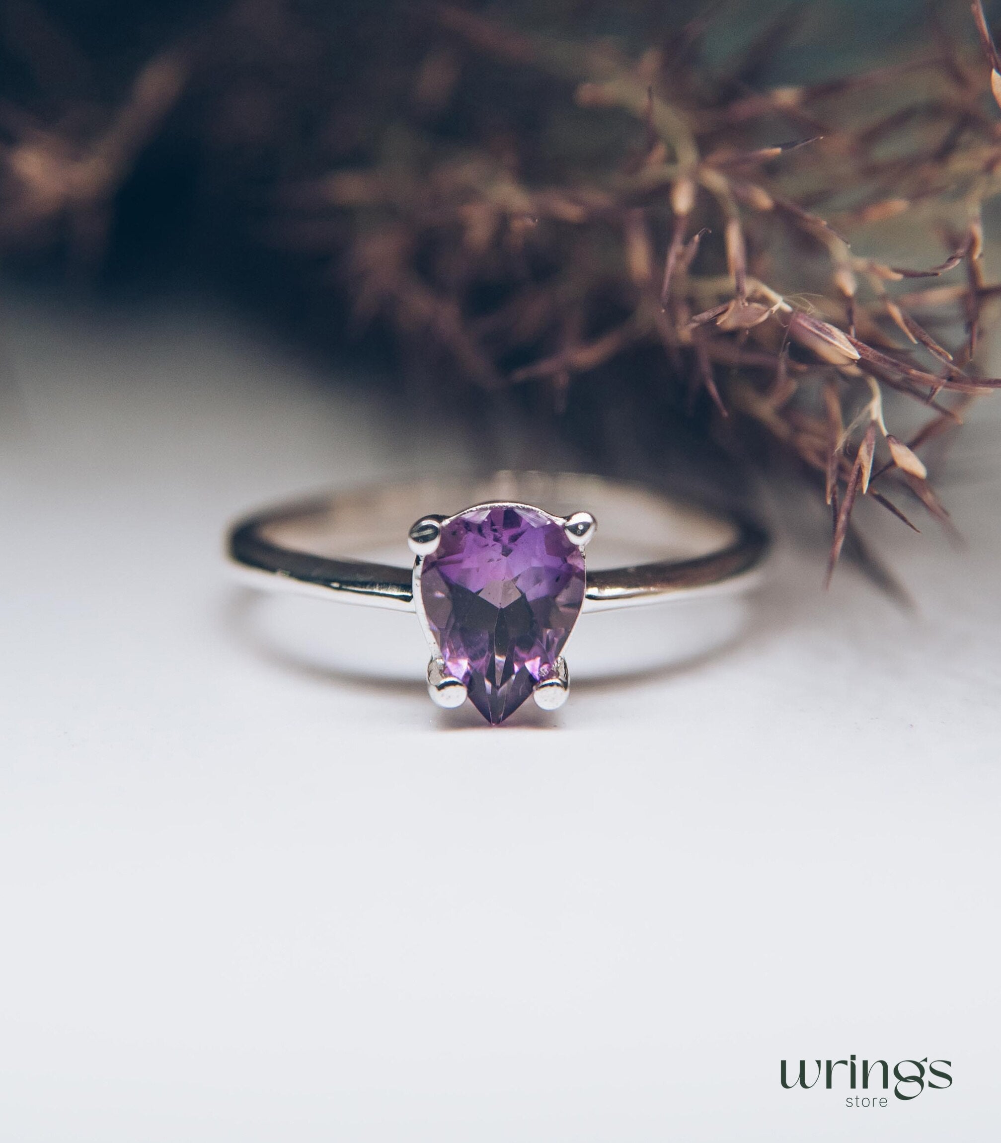 Large Pear Cut Amethyst Solitaire Engagement Ring Silver