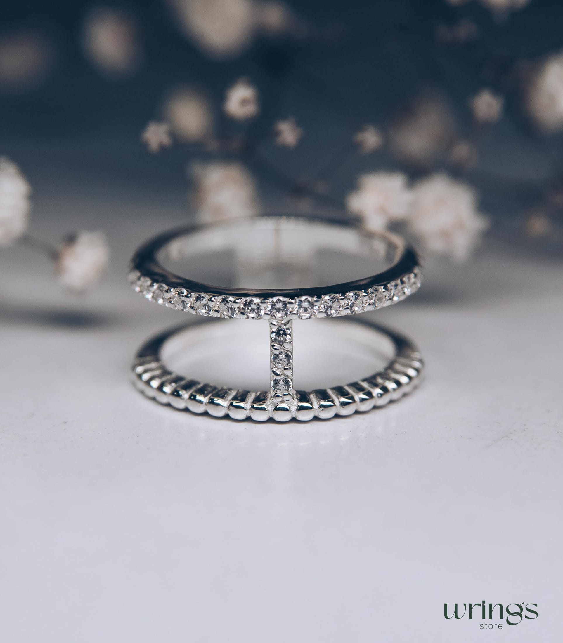 Double Band Statement Ring Diamonds and Beaded Style