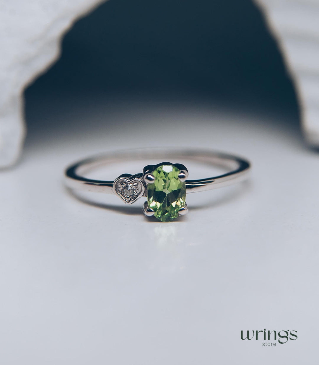 Peridot & CZ Heart Silver Engagement Ring