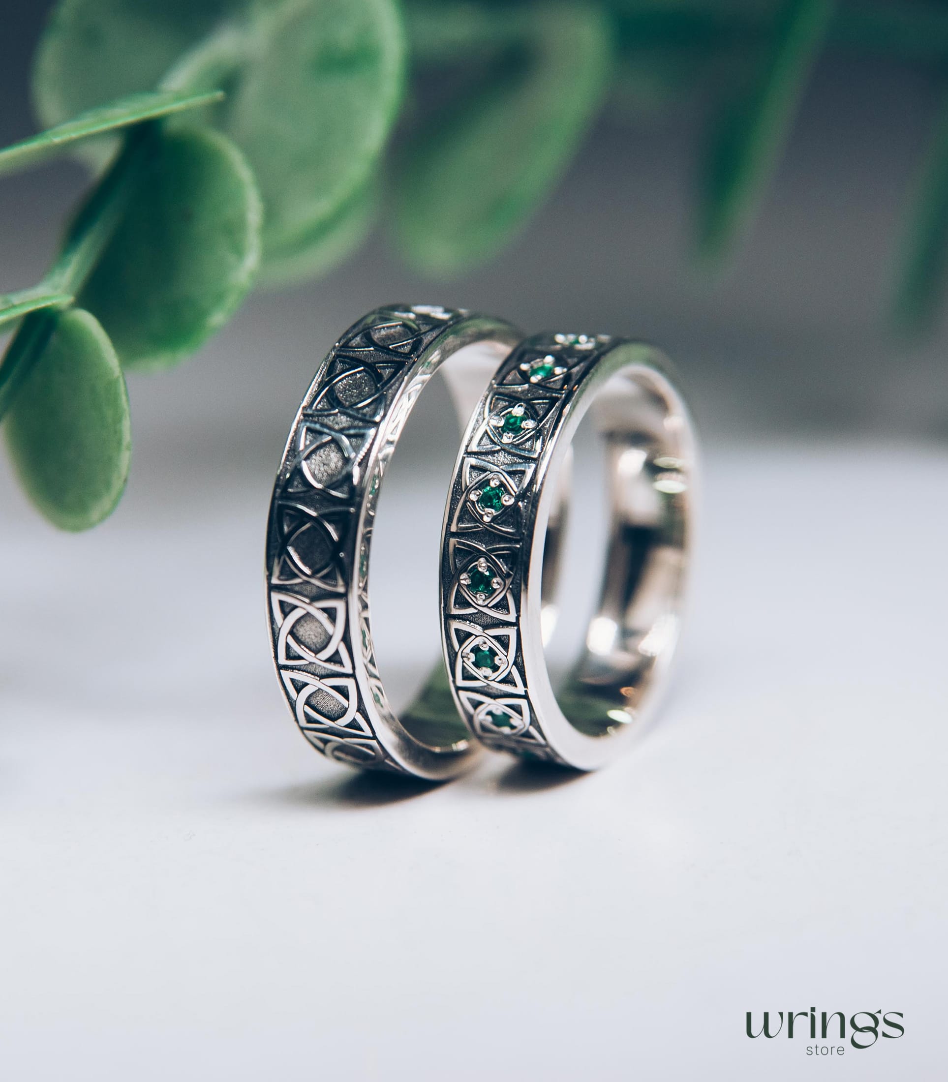 Matching Celtic Wedding Rings Emeralds & Irish Symbol