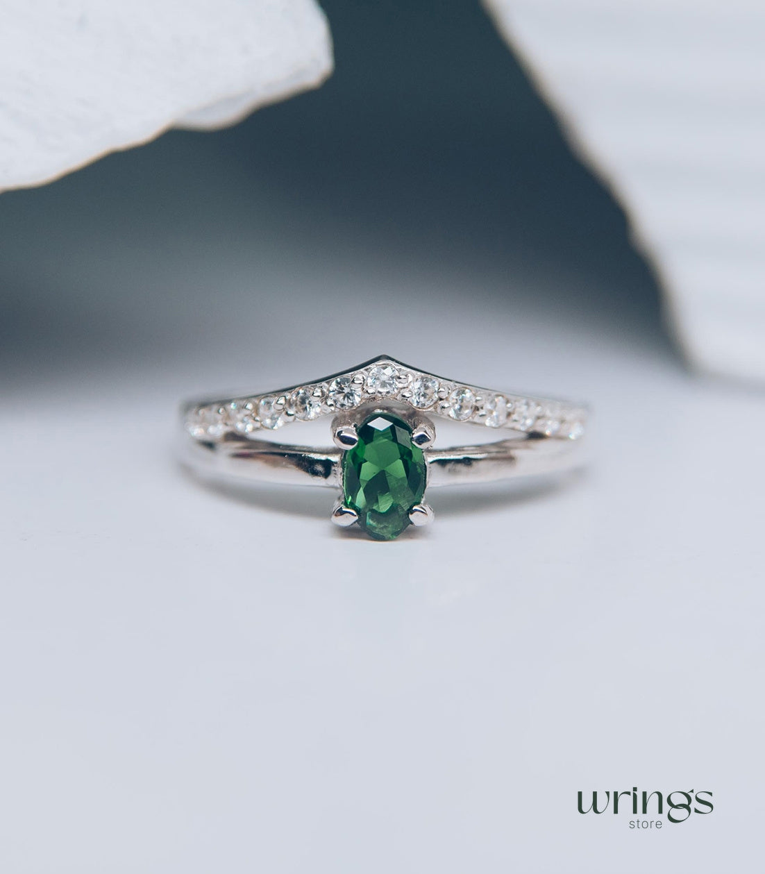 Vertical Oval Emerald V Engagement Ring Silver with CZ