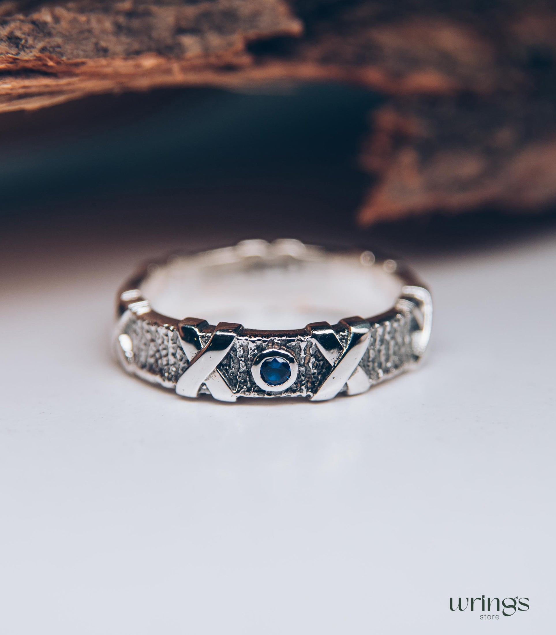 Nature Silver Band Ring with Cross & Natural Sapphire