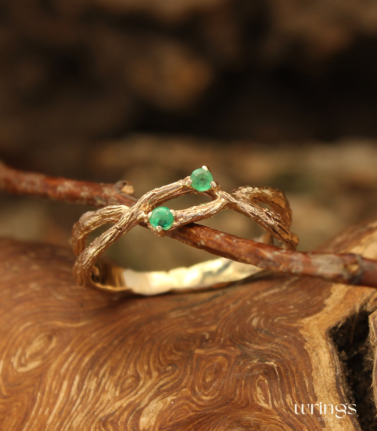 Braided Tree Branch Two Stone Emerald Ring 14K Gold