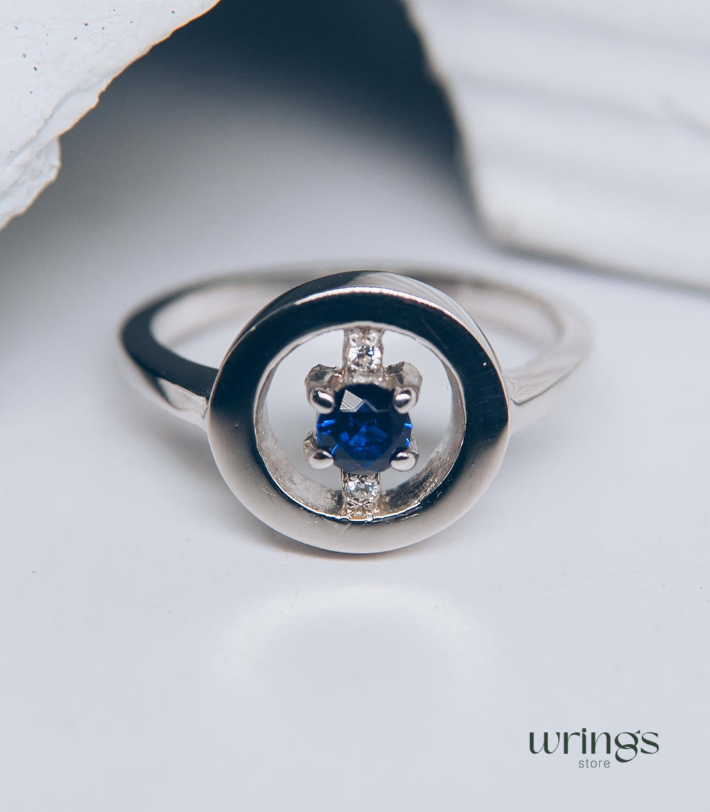 Blue Sapphire & CZ Silver Round Open Engagement Ring