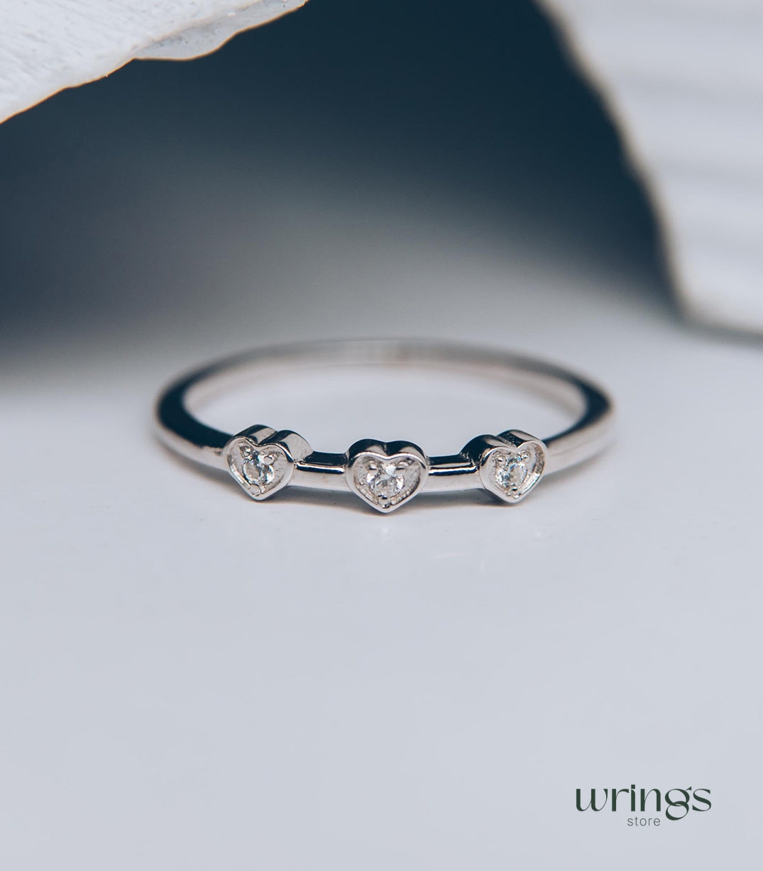 CZ in Three Hearts Silver Minimalist Wedding Band for Her