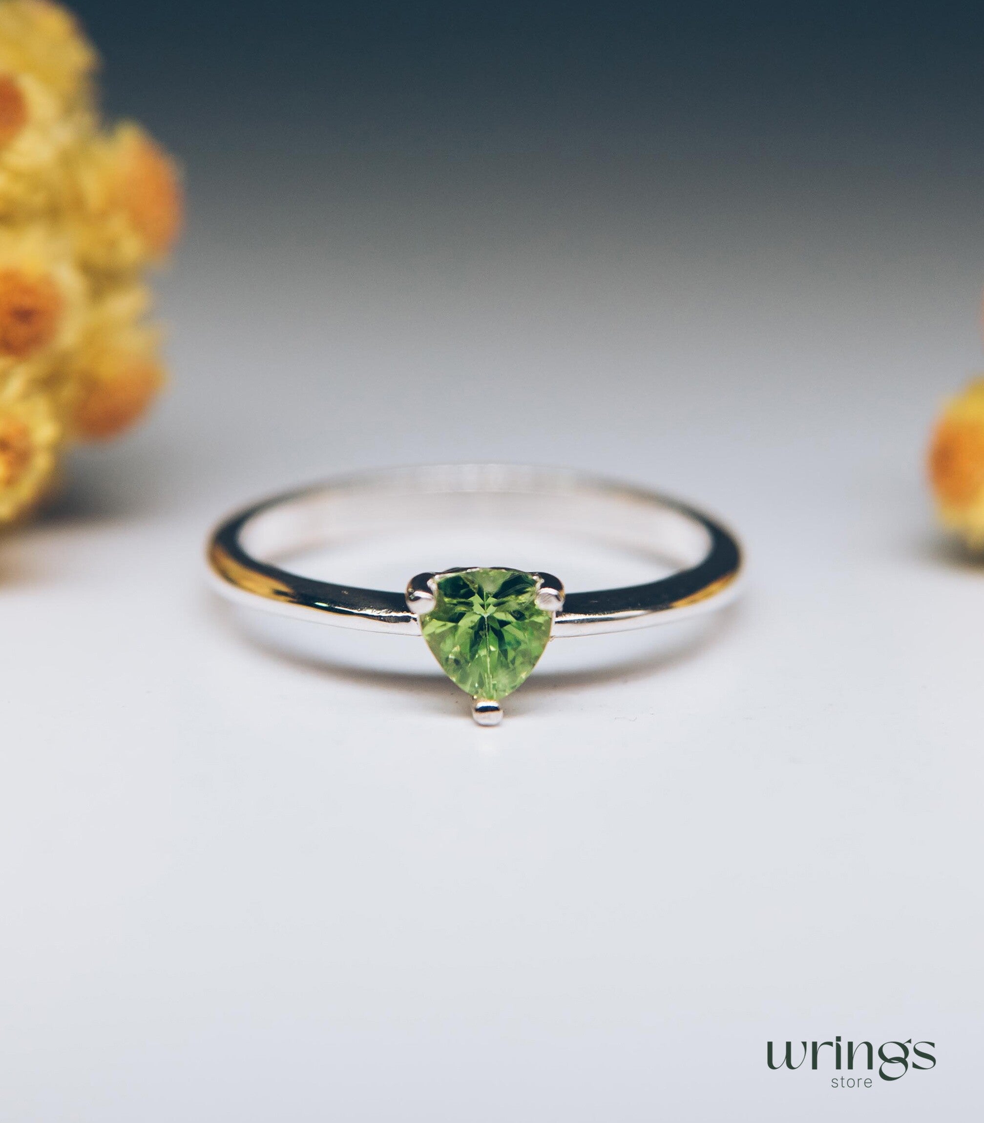 Geen Heart Cut Peridot Silver Solitaire Engagement Ring