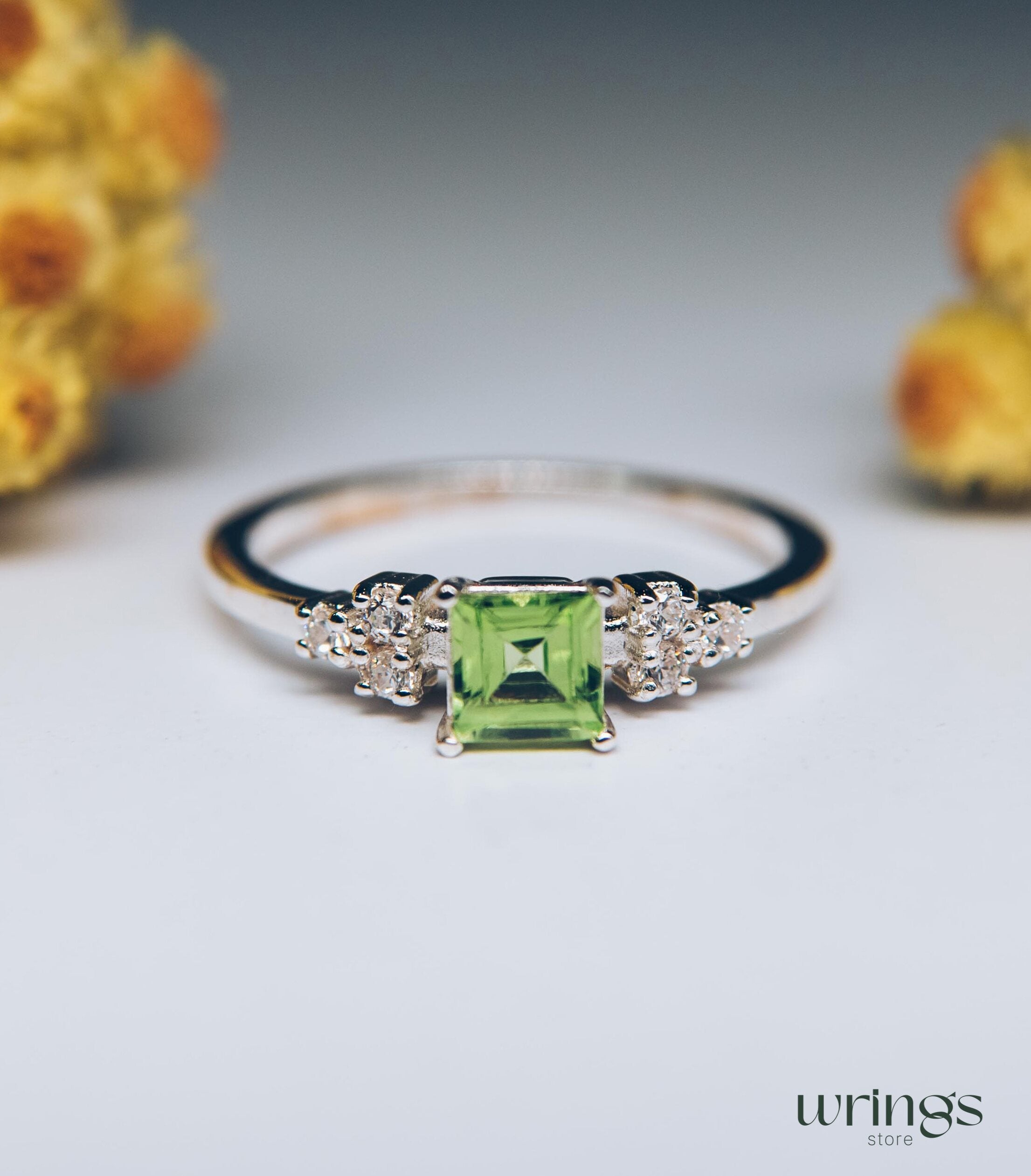 Large Square Peridot Multi Stone Cocktail Ring Silver