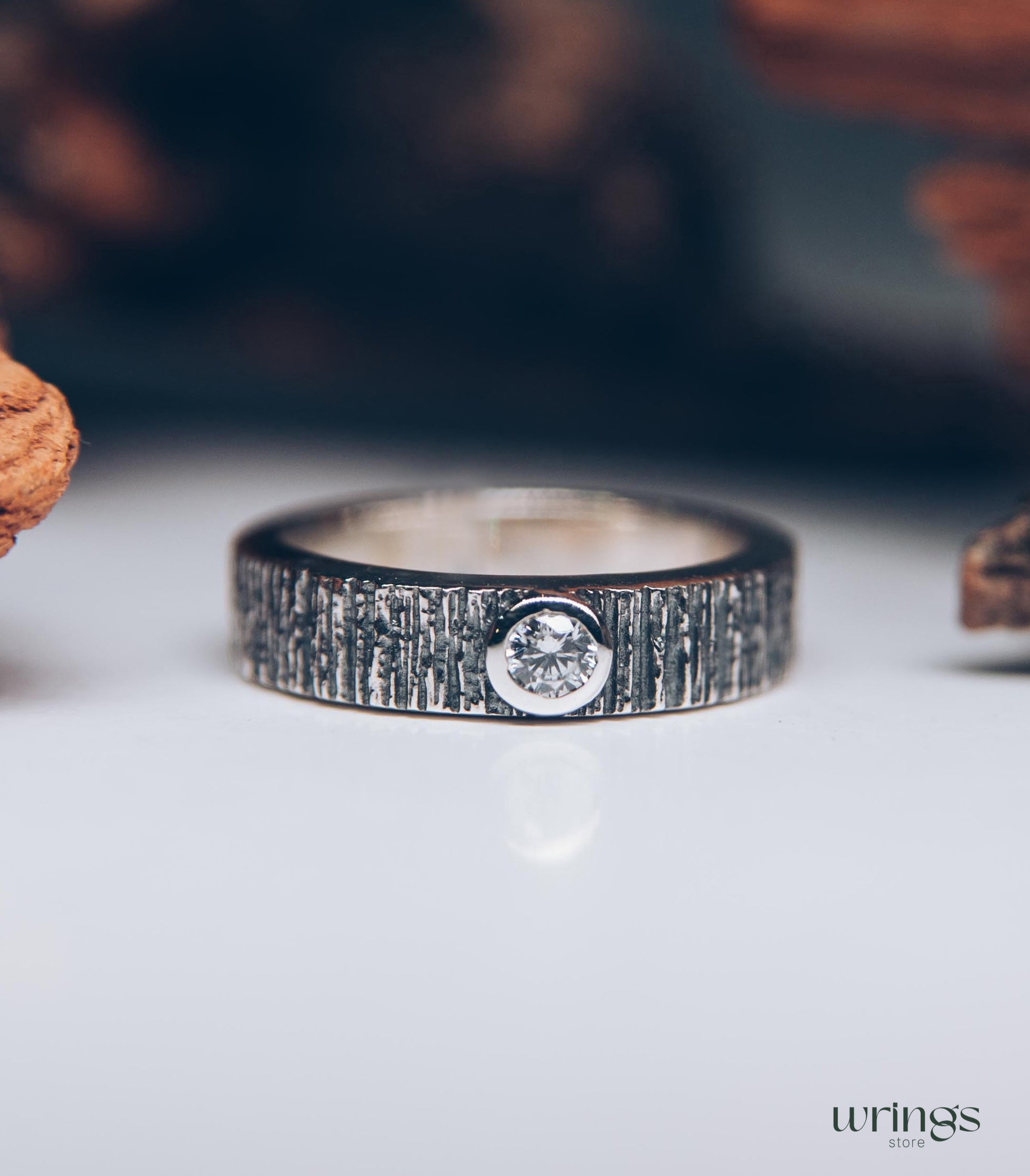 Bezel Diamond and Tree Bark Textured Silver Wedding Ring