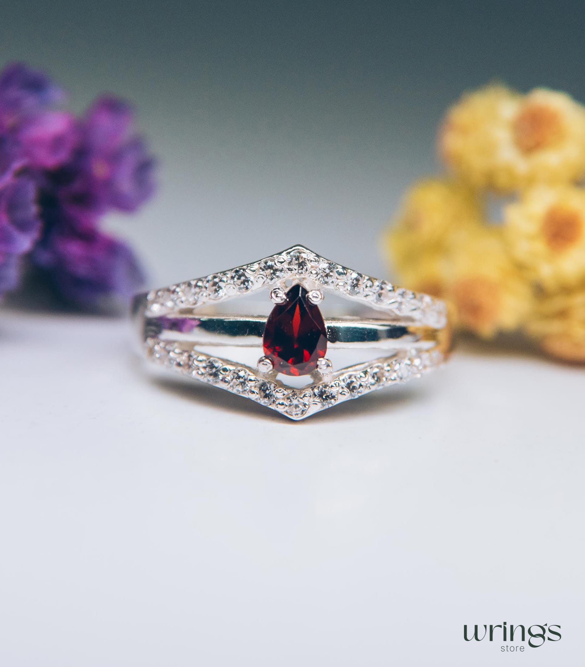 Pear Garnet Statement Ring Silver Double V shaped