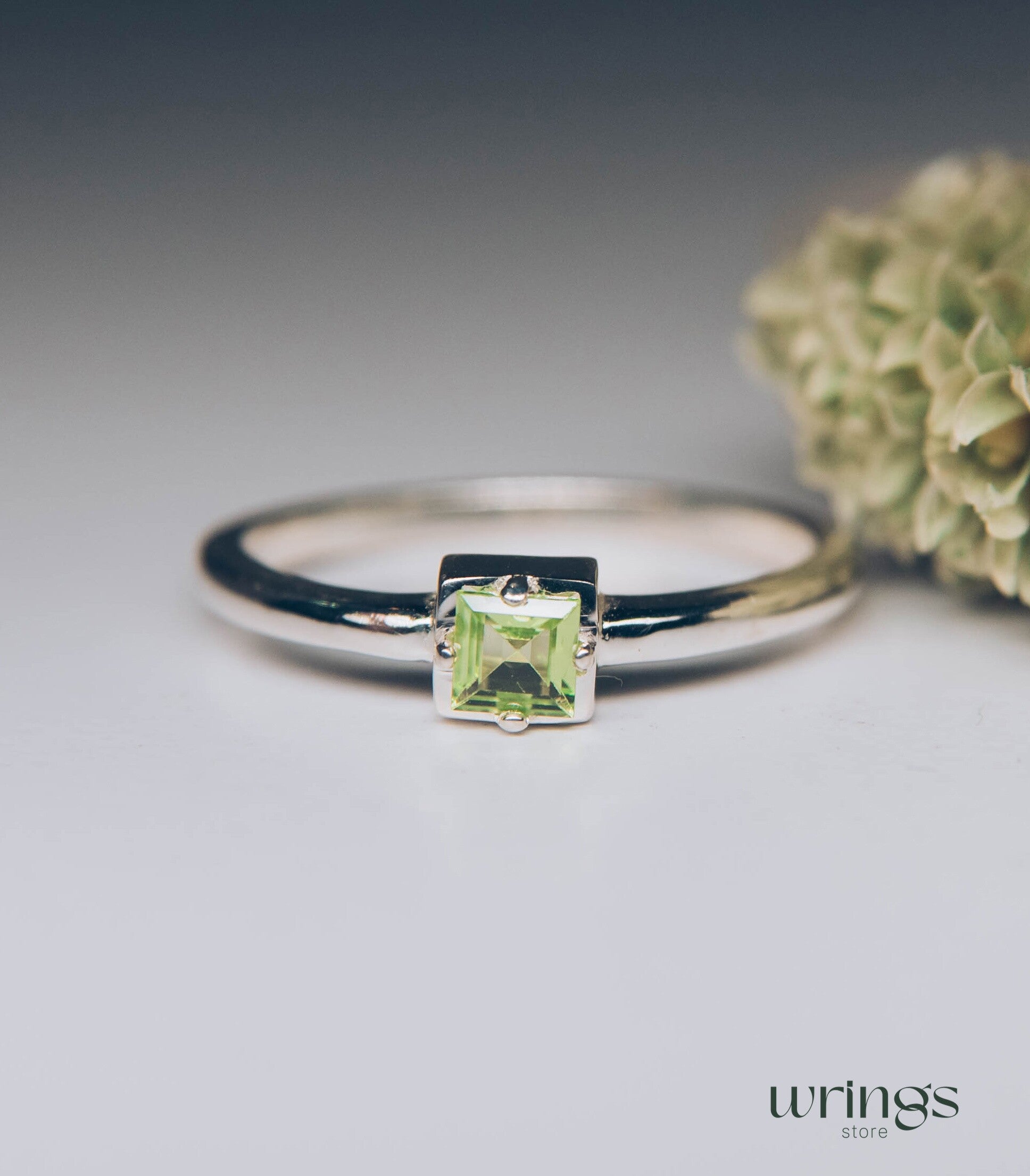 Square Peridot Simple Silver Engagement Ring