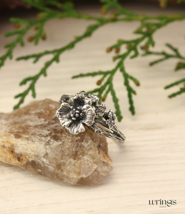 Poppy Flower Ring with Blue Sapphire Sterling Silver