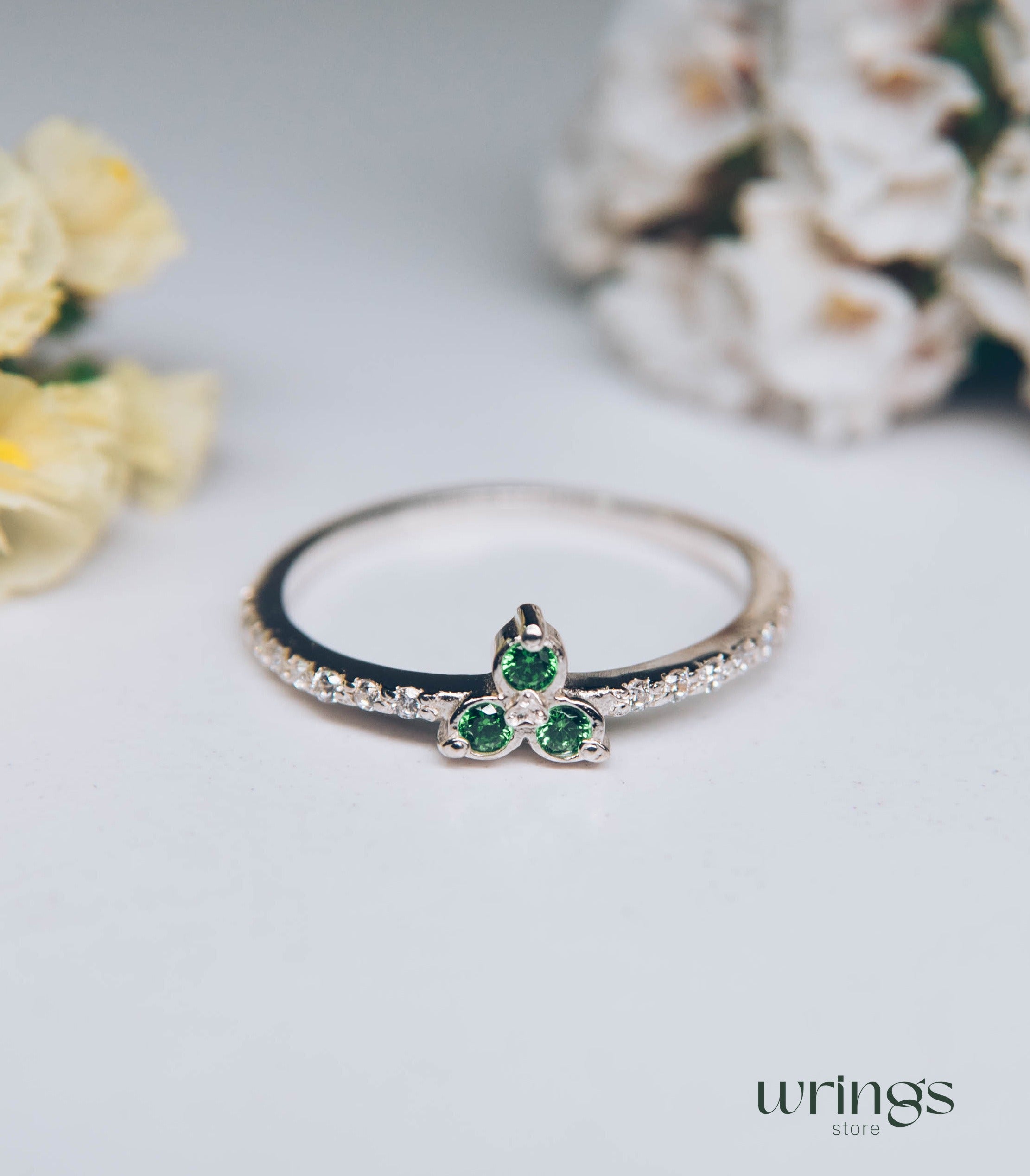 Natural Emerald Three Stone Wedding Ring with Sparkling CZ