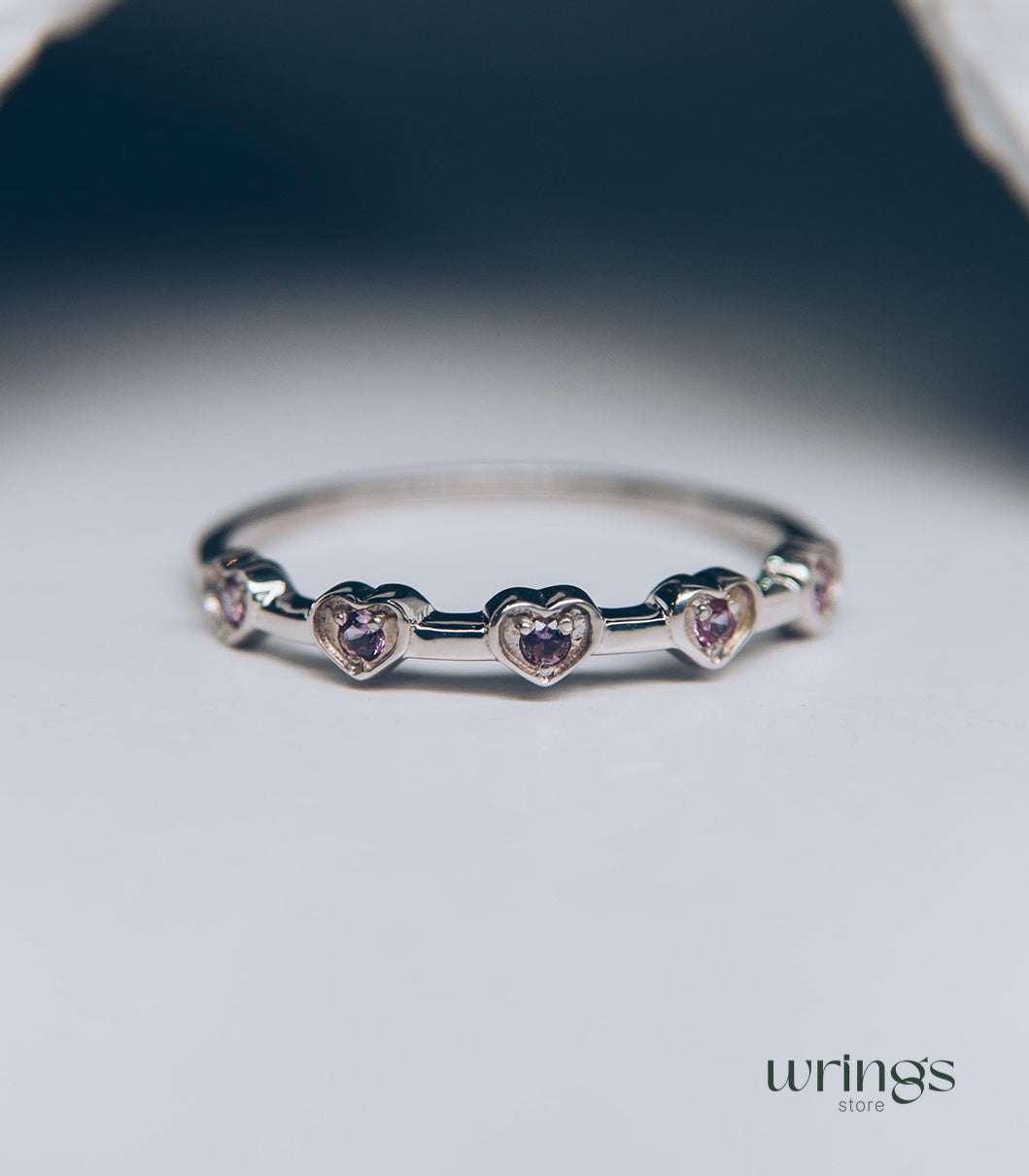 Delicate Amethysts in Multi Hearts Silver Promise Ring