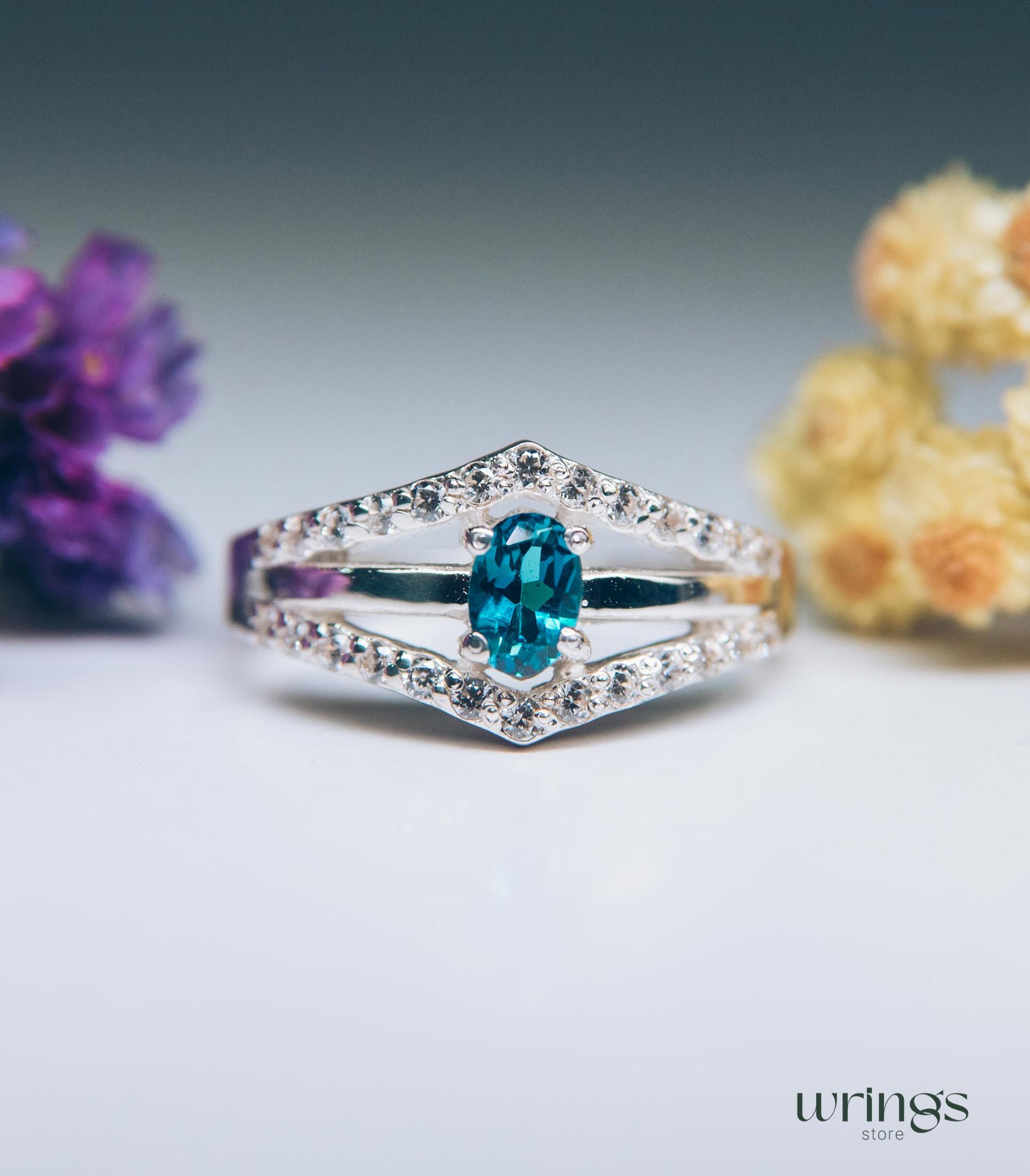 Oval Blue Topaz Engagement Ring Double V-shaped Band