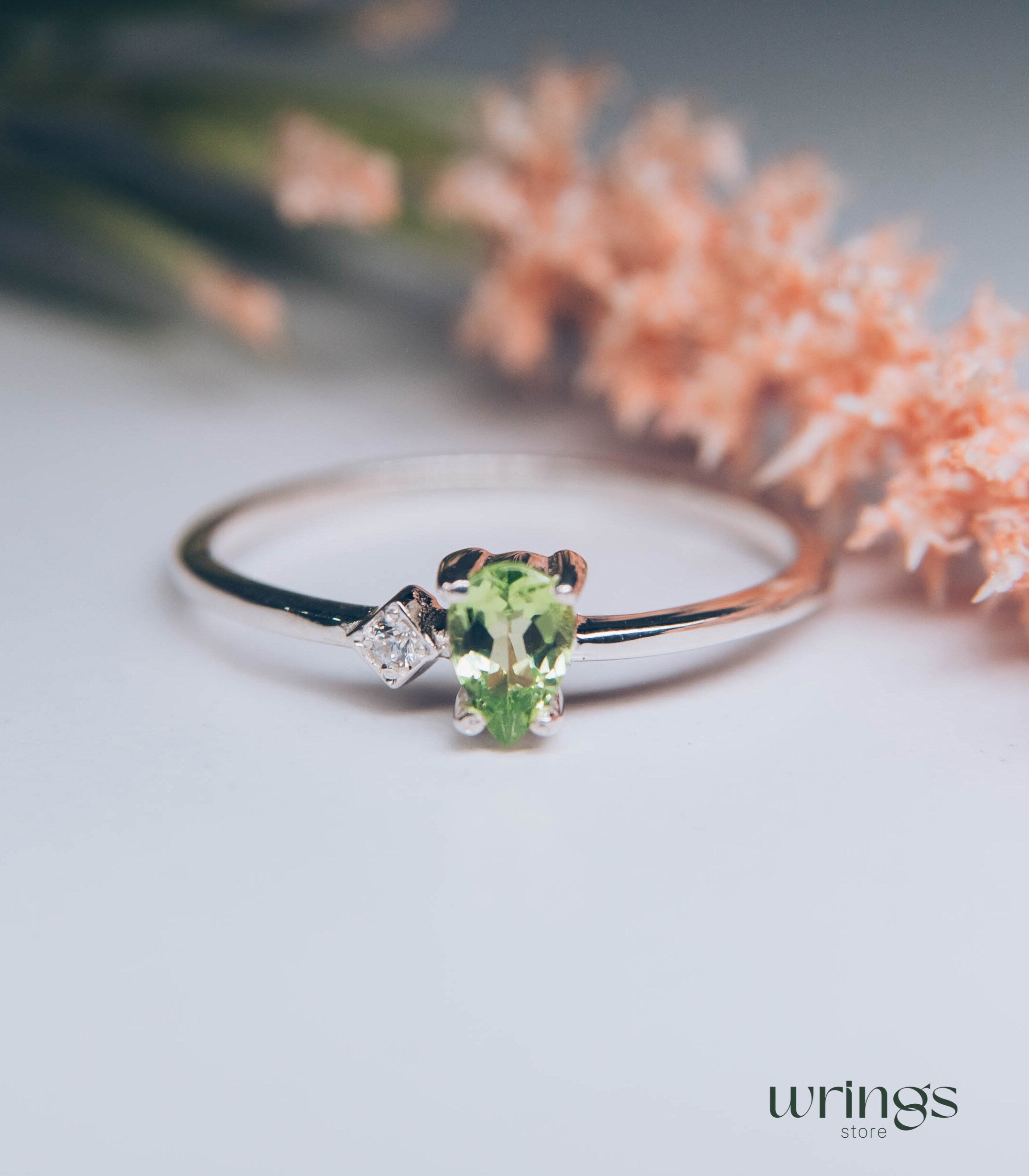 Pear Peridot Engagement Ring Silver Side White Stone CZ