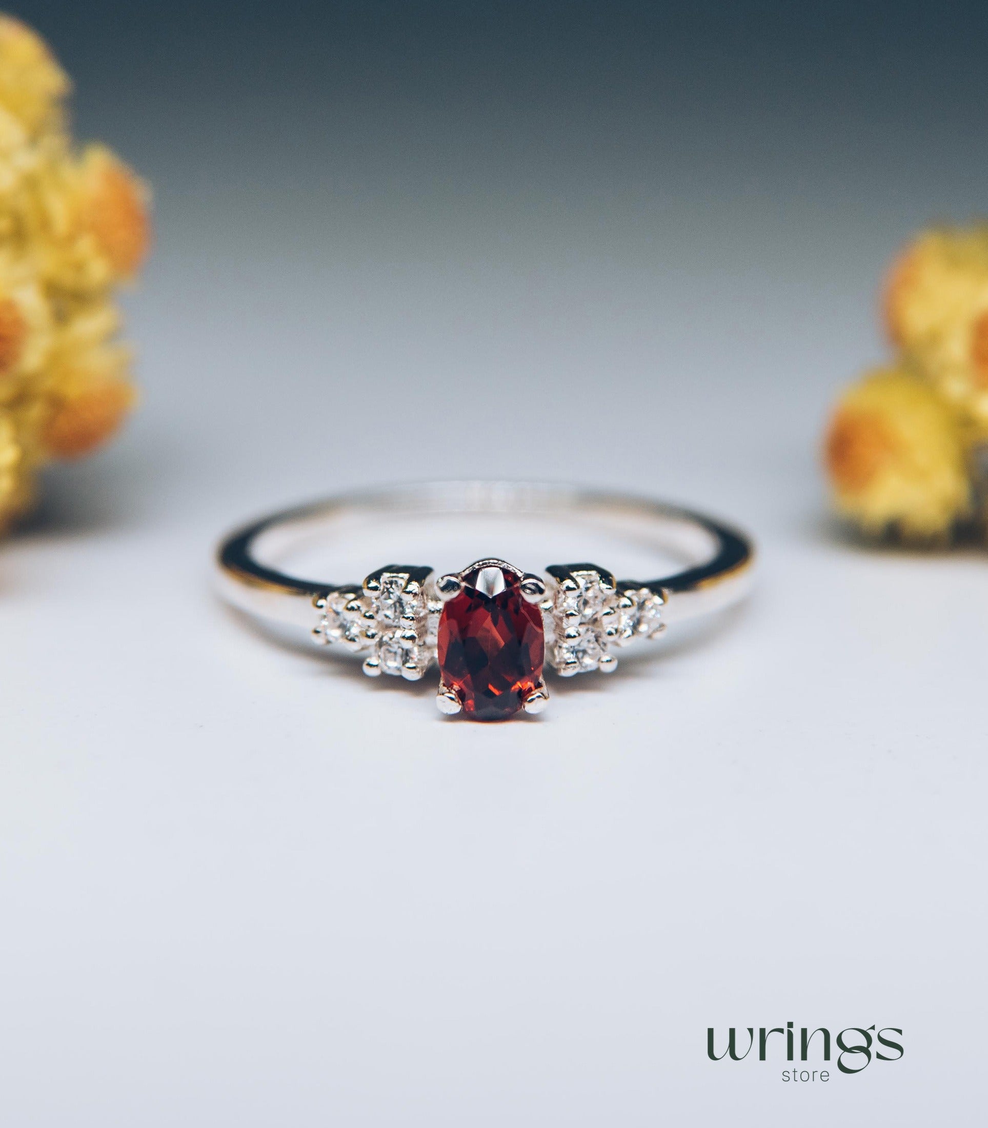 Oval cut Garnet Center Multi Stone Cluster Ring Silver