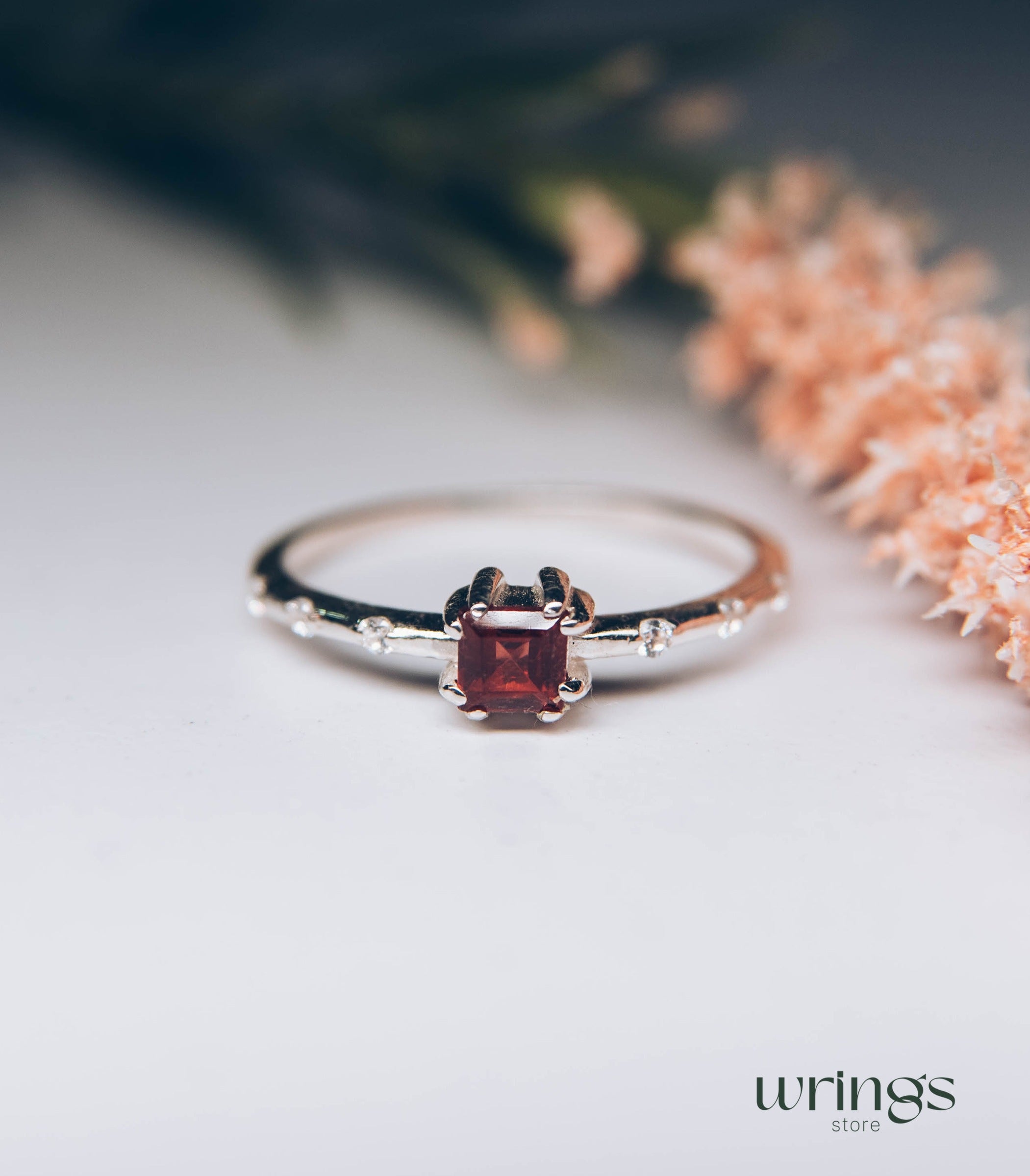 Square Central Garnet & CZ Side Stones Engagement Ring