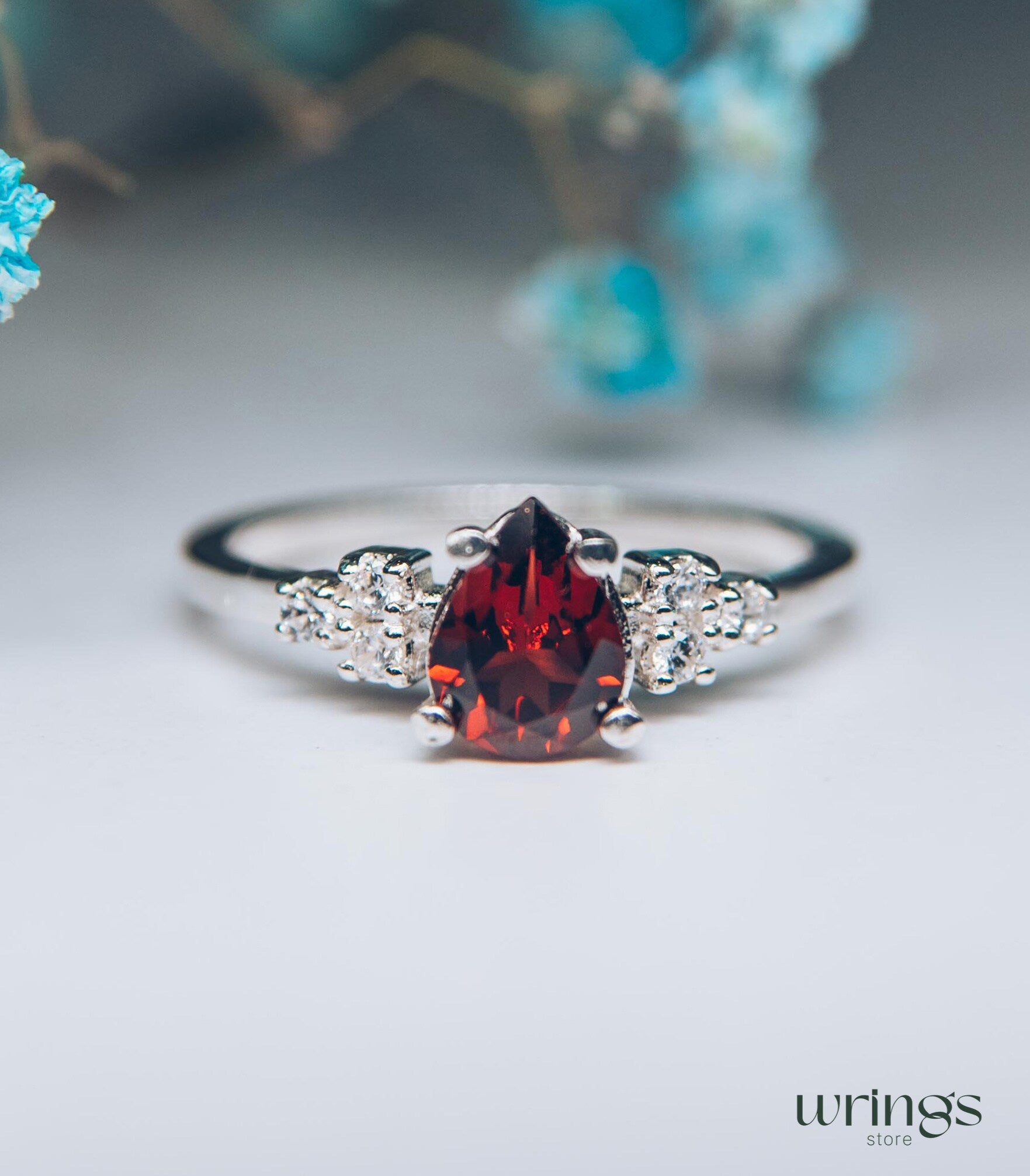 Large Red Pear cut Garnet Cluster Cocktail Ring Silver