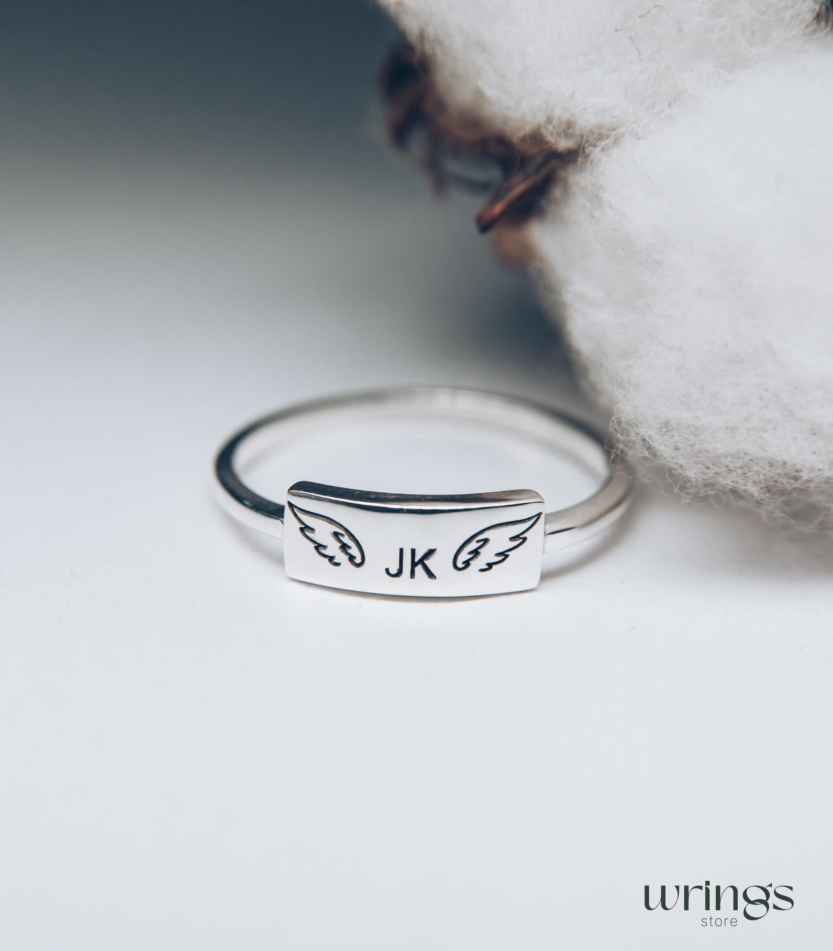 Silver Flat Top Initial Ring Engraved Wings & Lettets