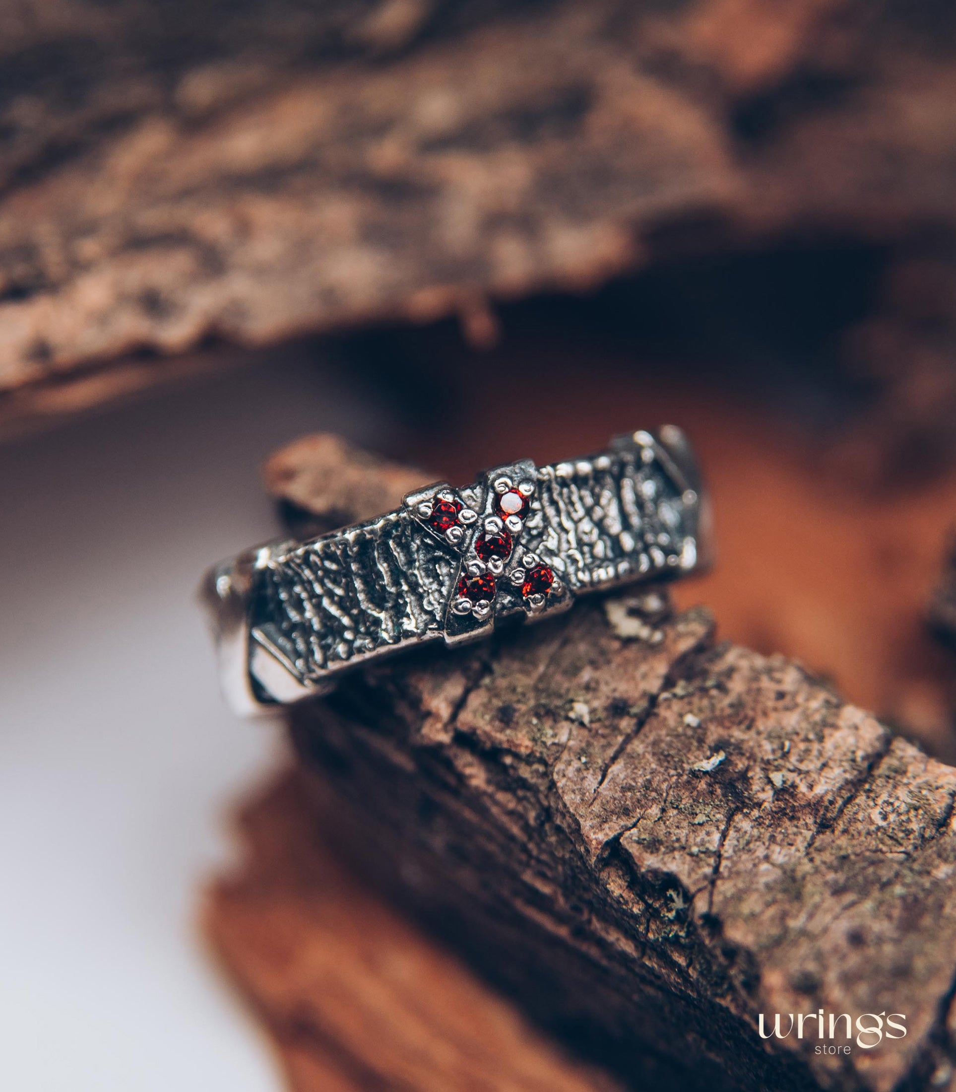 Silver Tree bark with cross Garnets Ring for Men and Women