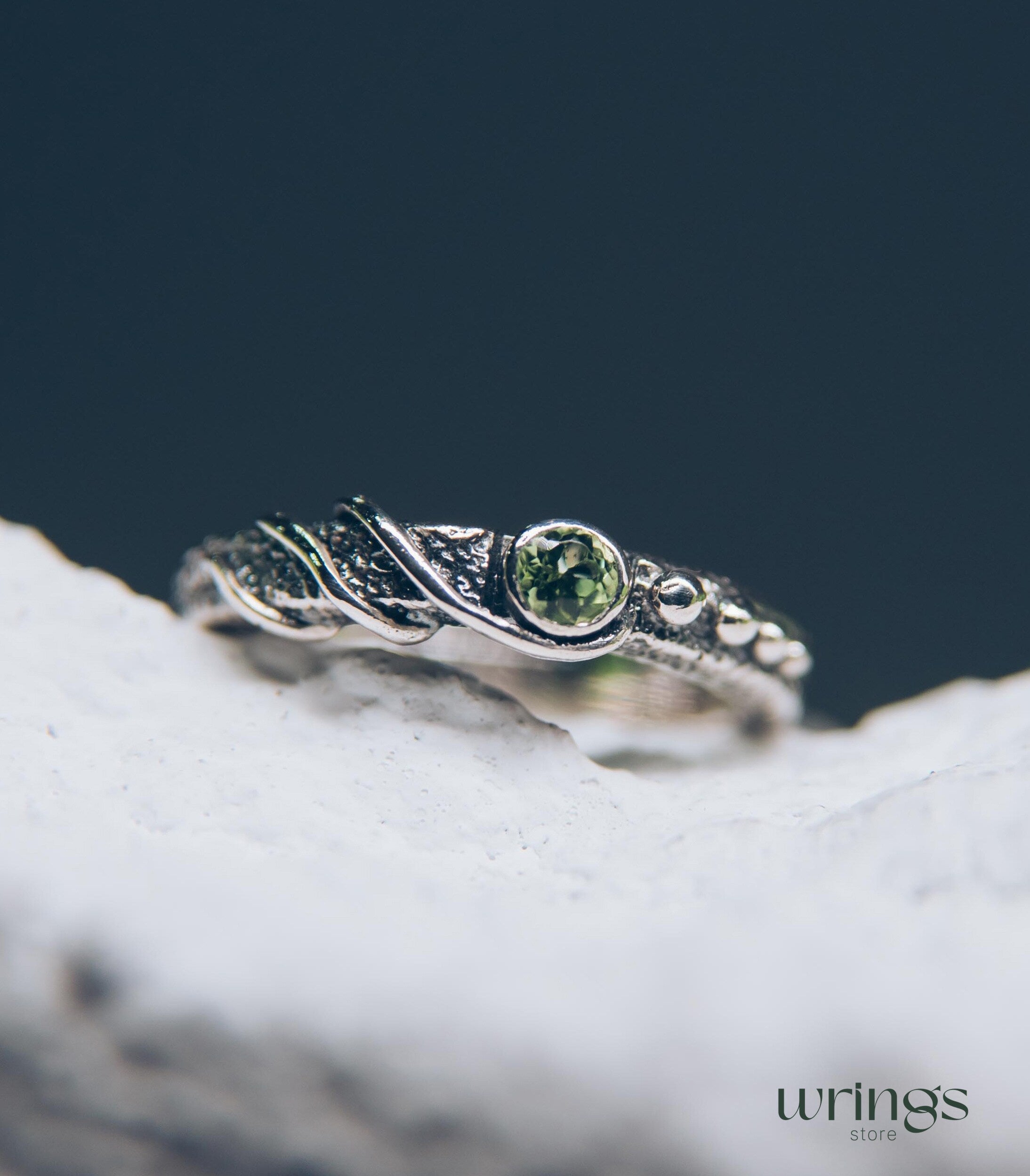 Modern Wild twisted Silver Engagement Ring with Peridot