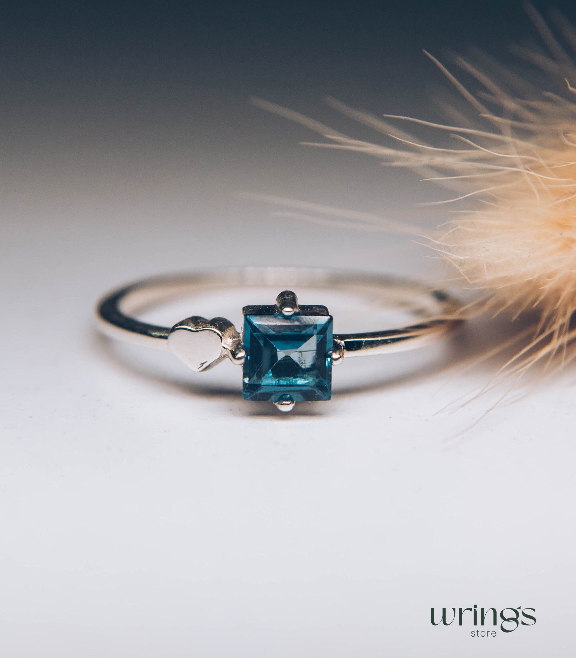 Square London Blue Topaz Silver Engagement Ring & Side Heart