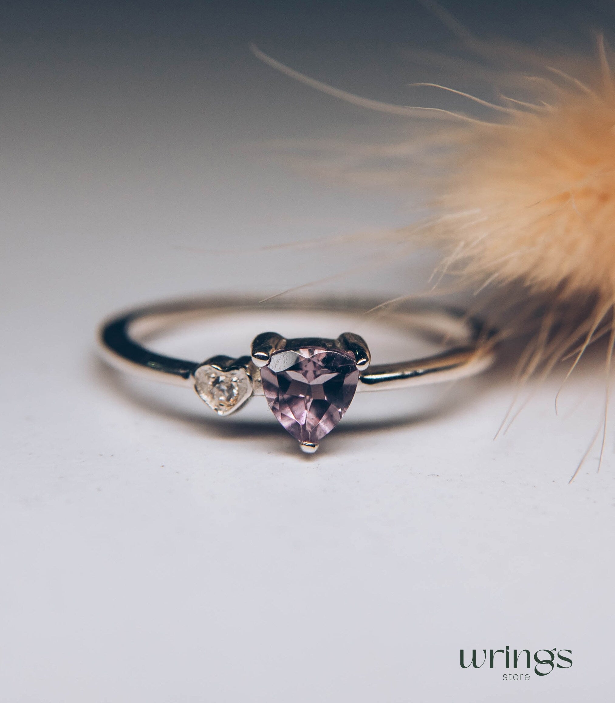 Trilliant Amethyst Silver Ring & White Stone in Side Heart