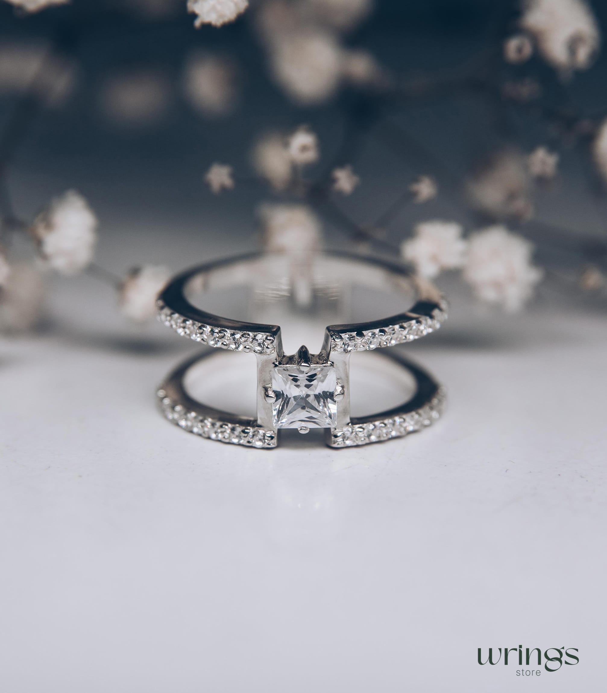 Double Band Silver Cocktail Ring Square Faux Diamond