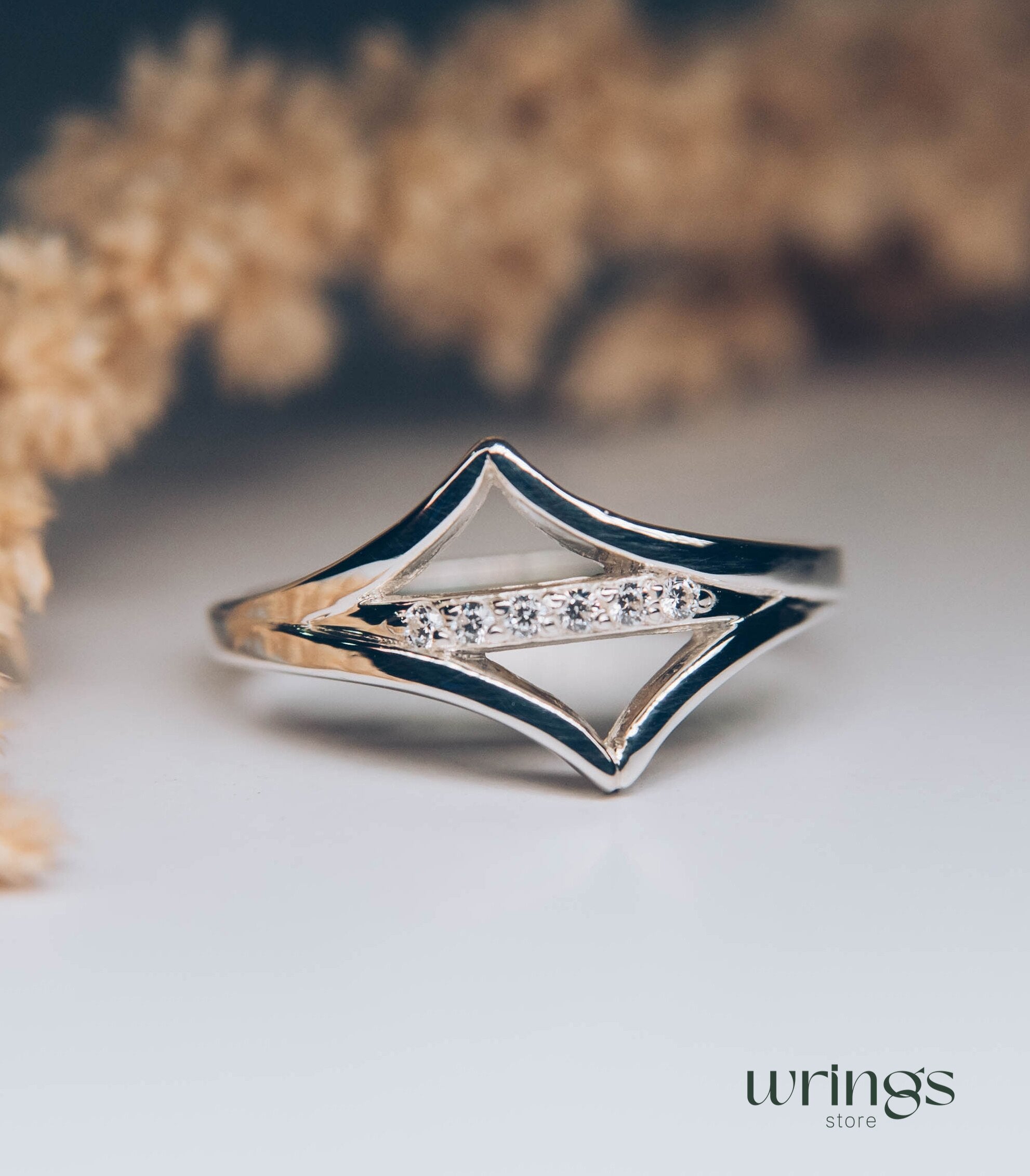 Double Chevron Diamond Wedding Ring Silver Geometric