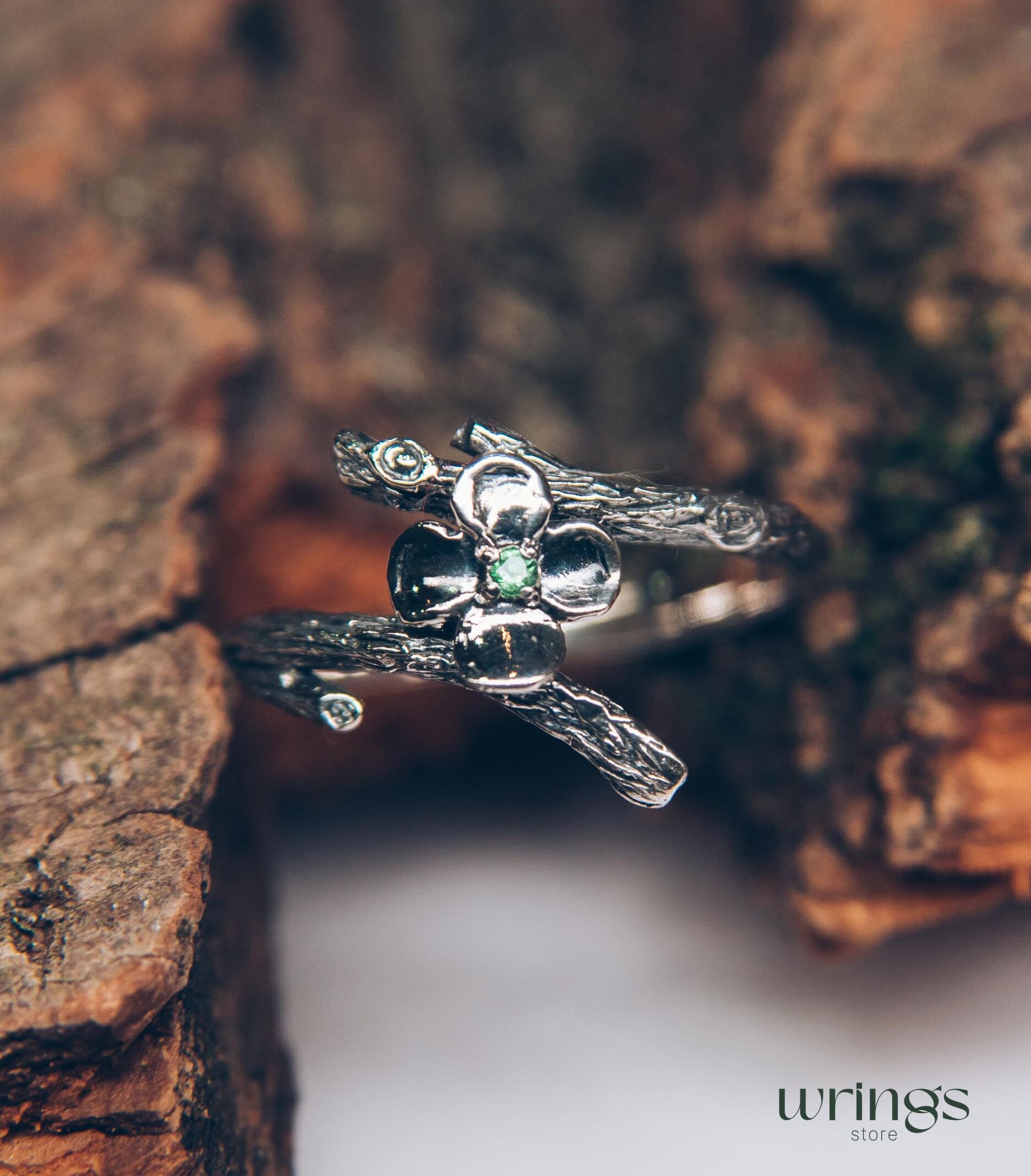 Dainty Quatrefoil flower Ring with Emerald and tiny Branch