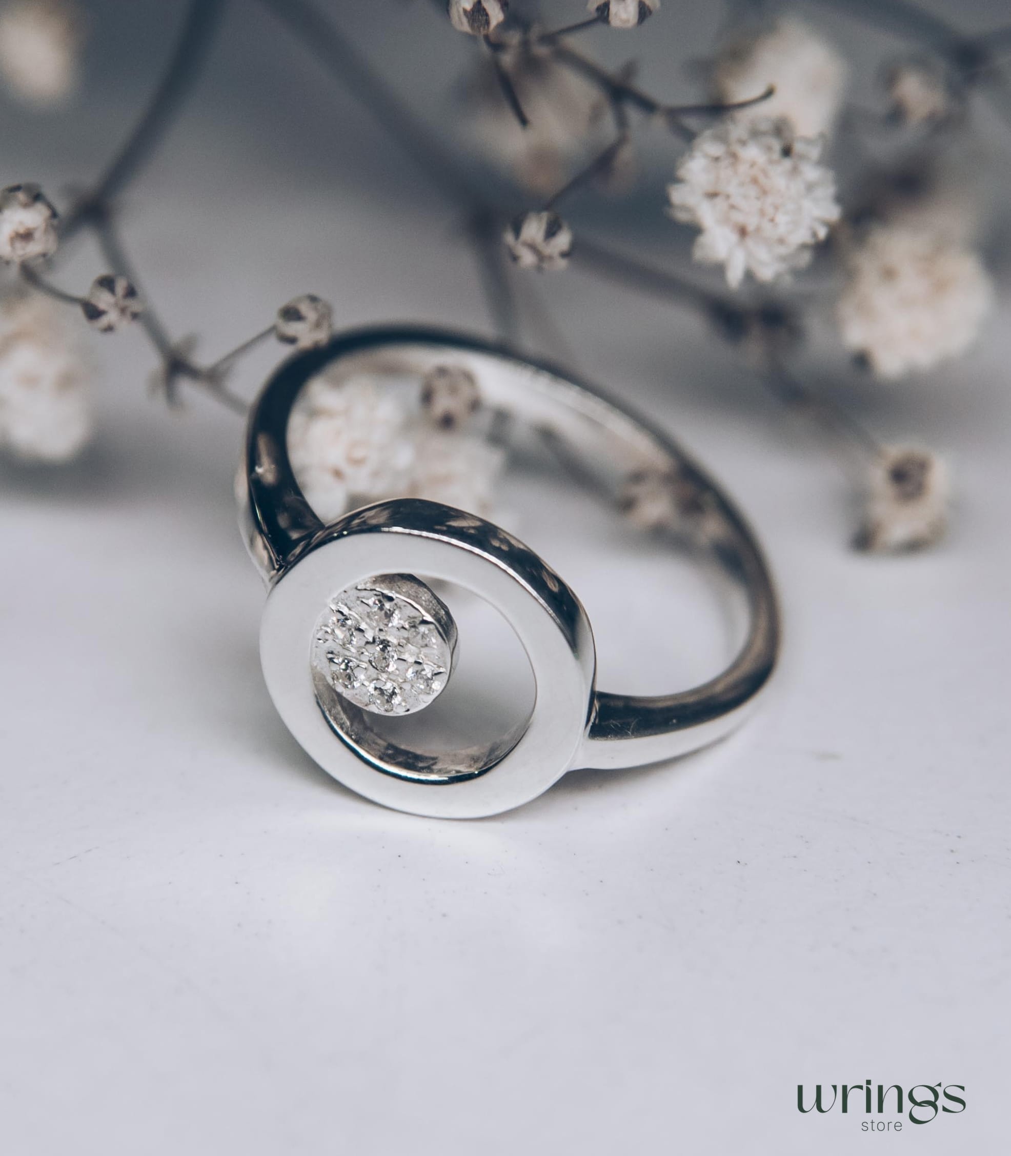 Open Circle Engagement Ring Silver Pave Set Diamonds