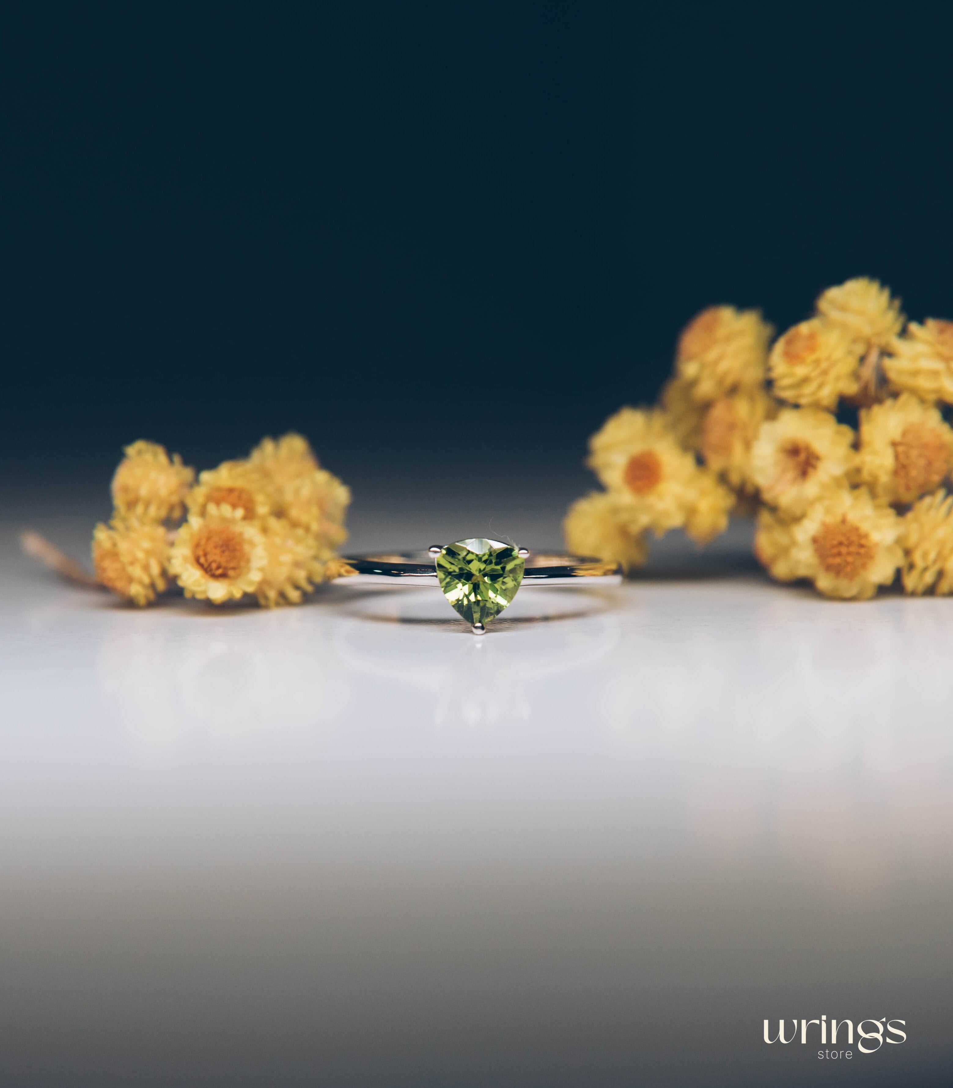 Classic Trilliant Solitaire Peridot Engagement Ring Silver