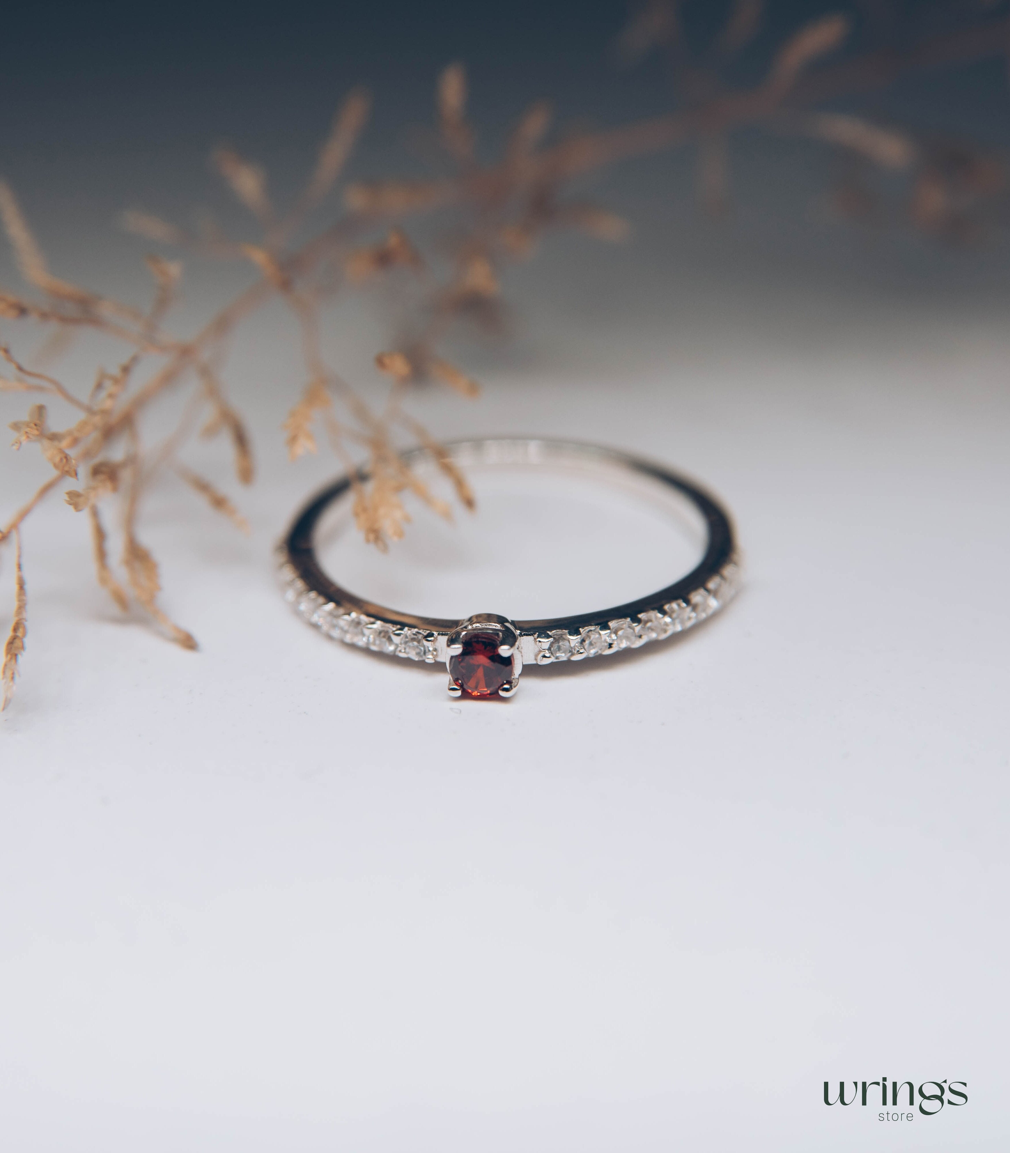 Dainty Garnet & Side Stones Silver Engagement Ring