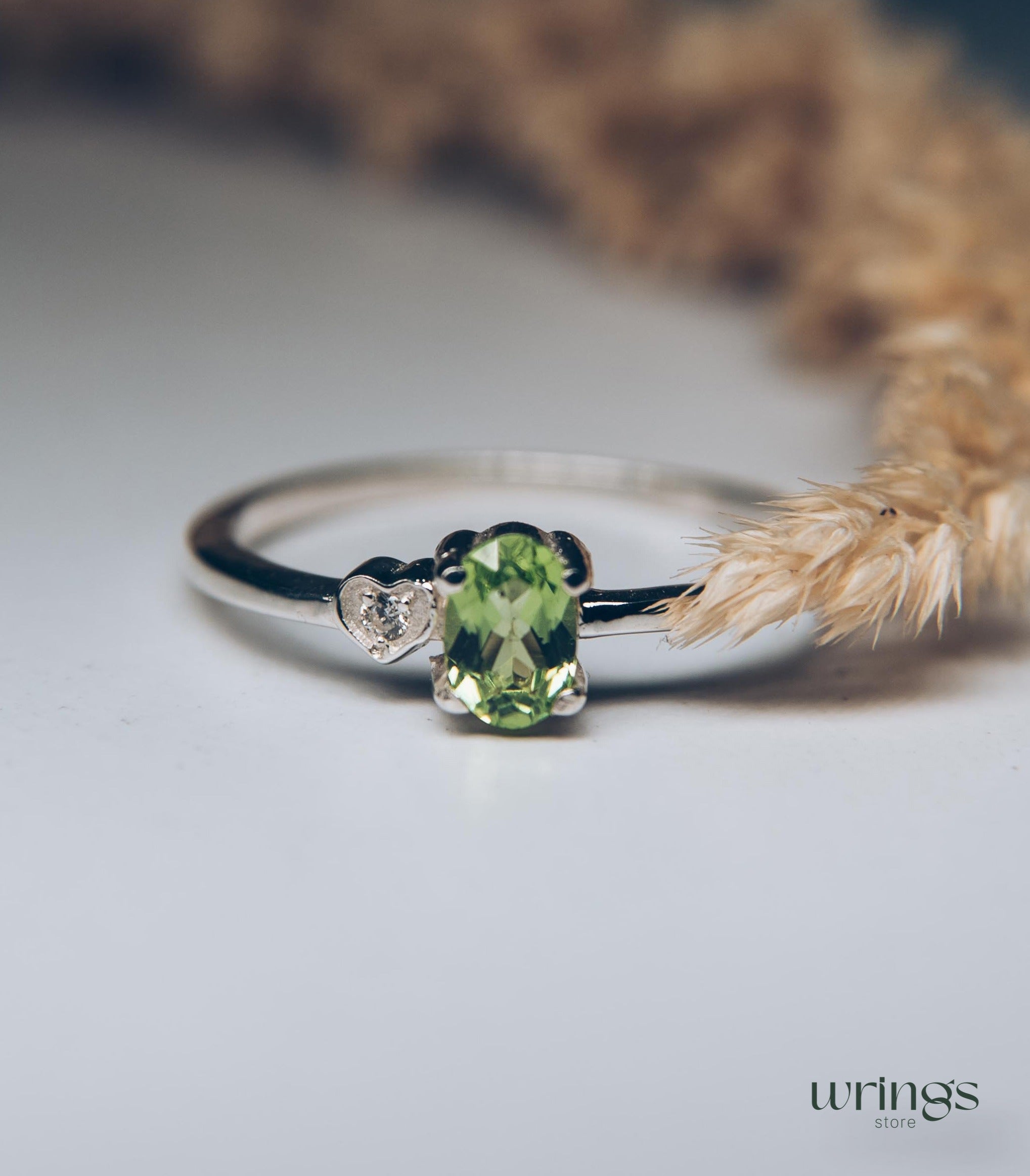 Vertical Oval Peridot Engagement Ring Silver & Heart