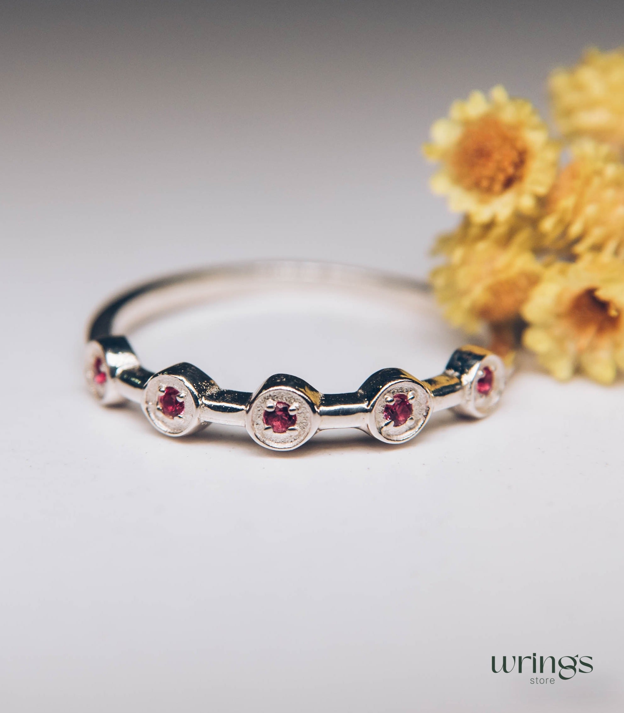 Dainty Rubies in 5 Small Dots Stackable Ring Silver