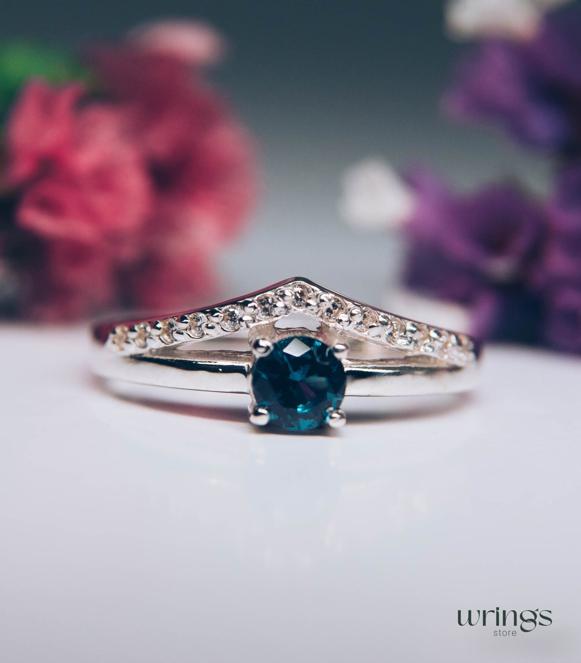 London Blue Topaz Chevron Engagement Ring Silver & CZ