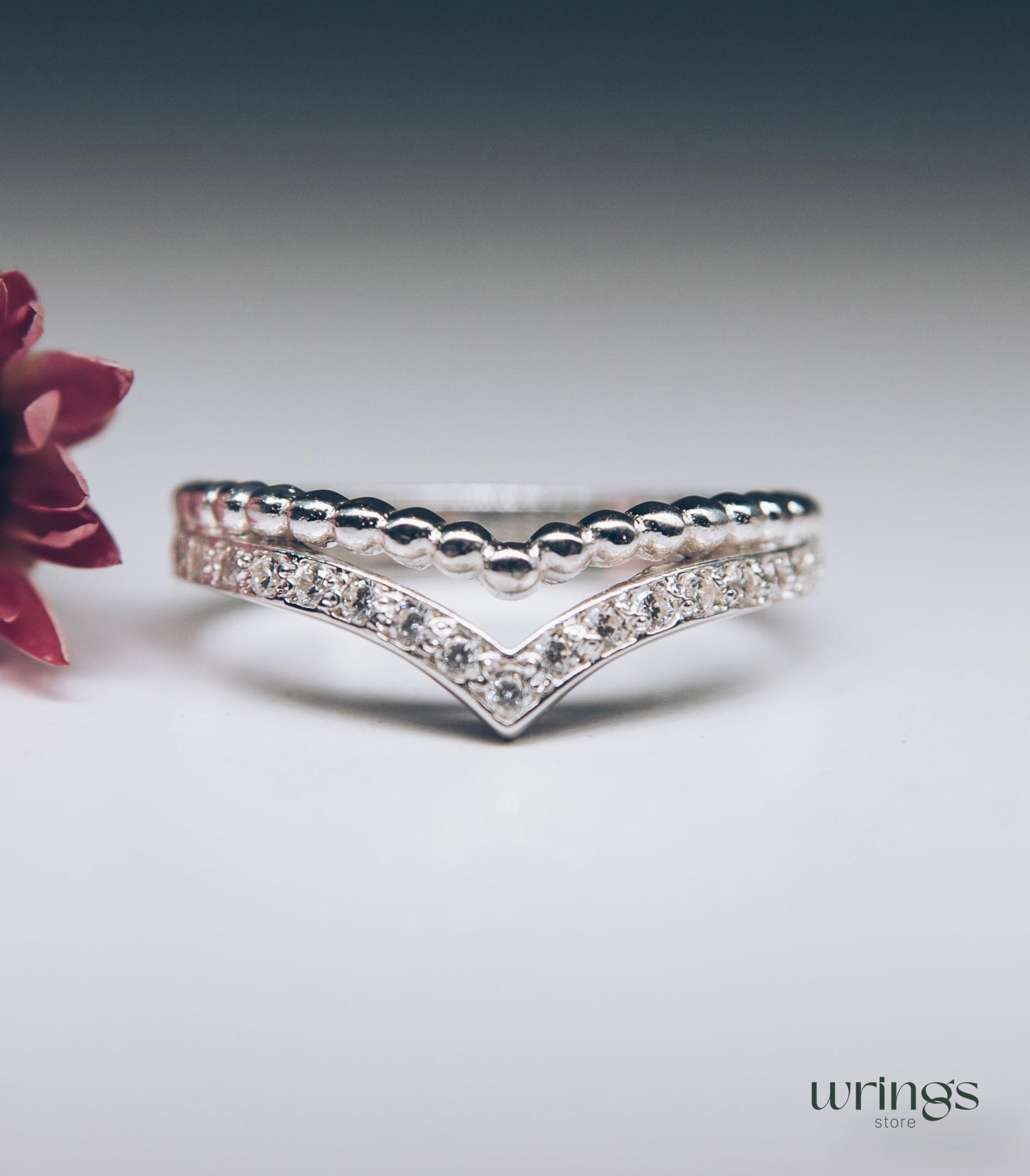 Natural Diamonds in Beaded Silver Chevron Wedding Ring