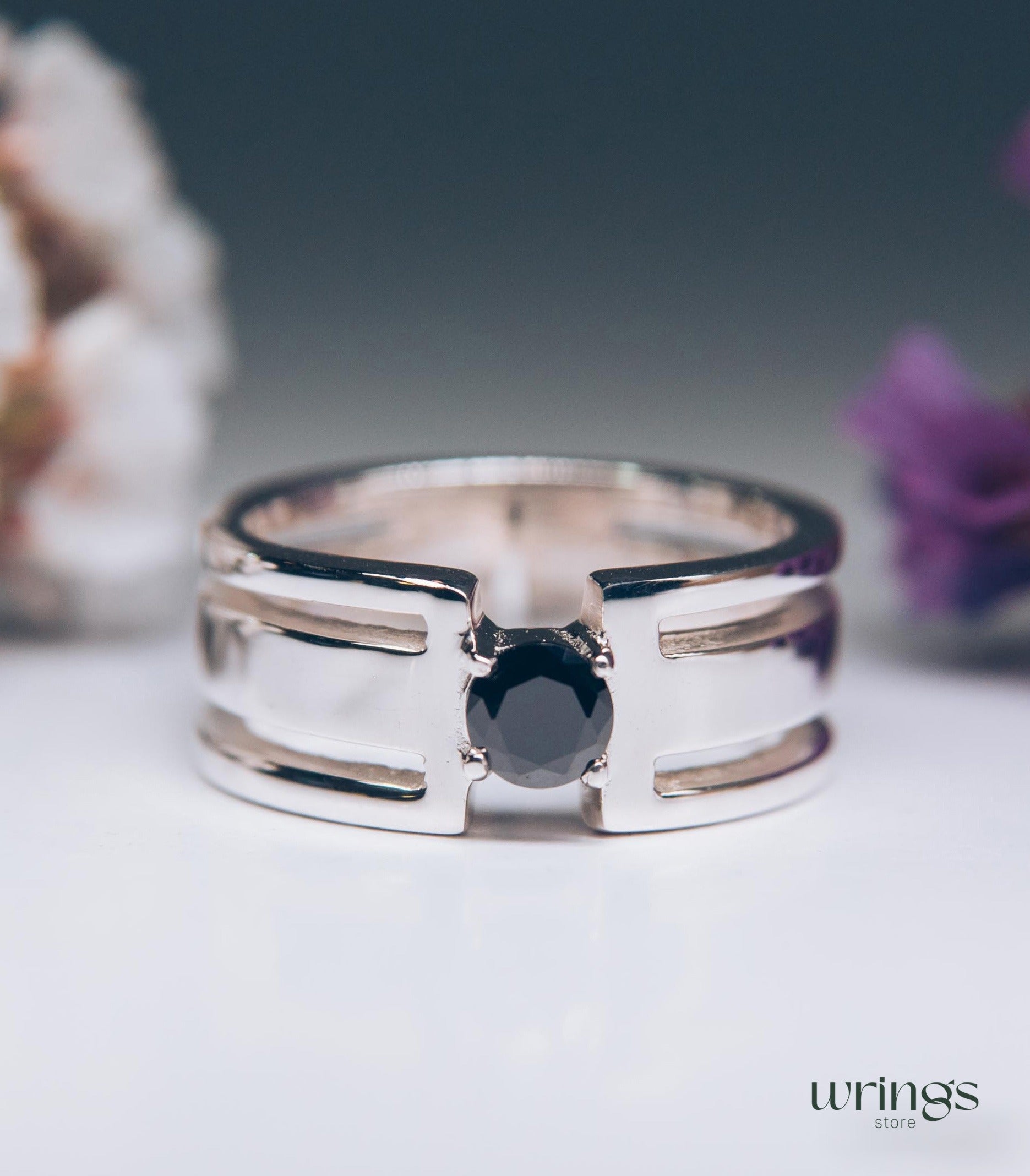 Round Black Diamond Silver Wide Band Engagement Ring